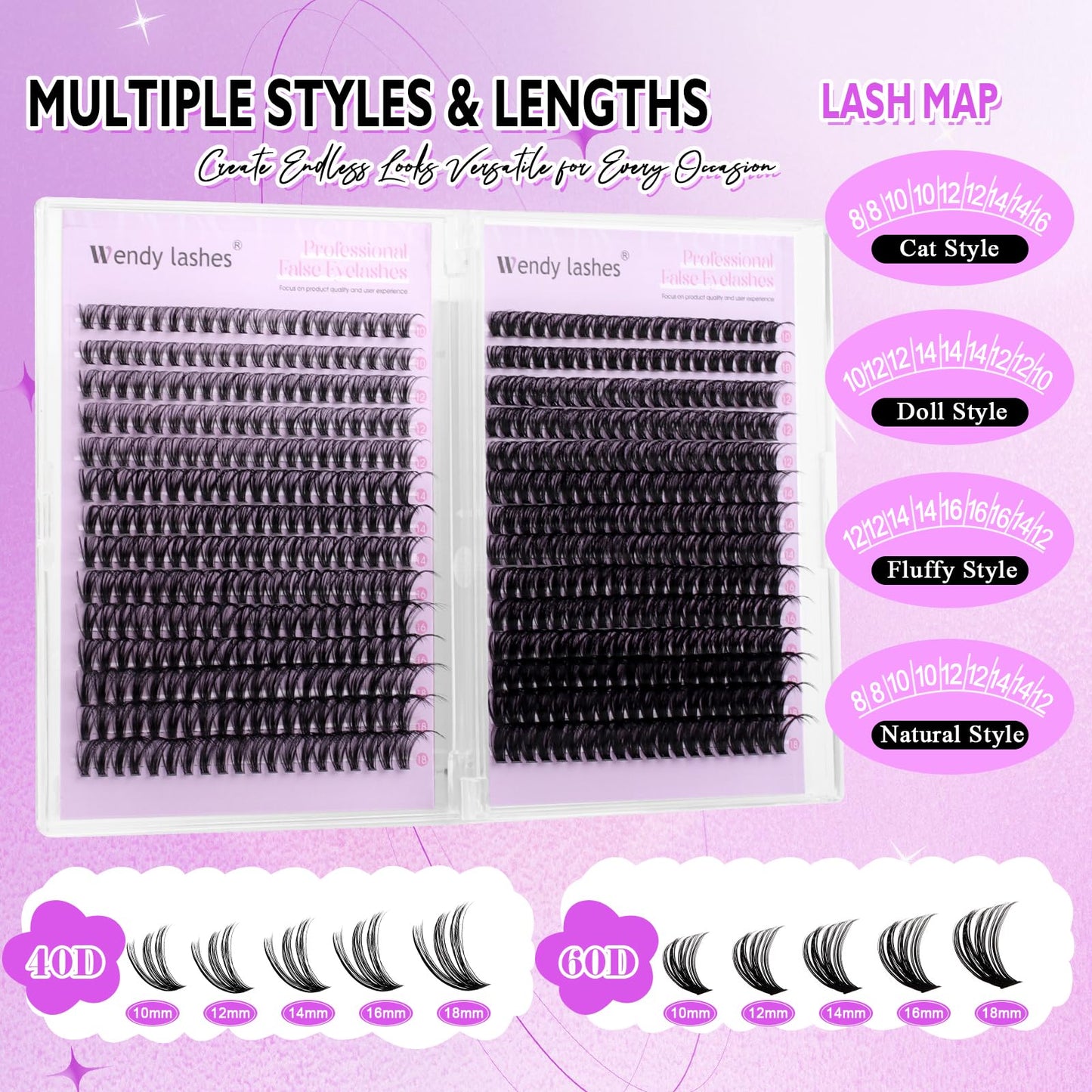 WENDY LASHES Lash Clusters 40D+60D Eyelash Clusters 560PCS Wispy Individual Lashes, 10-18MM D-curly Lash Extension DIY Cluster Eyelash Extensions for Beginners