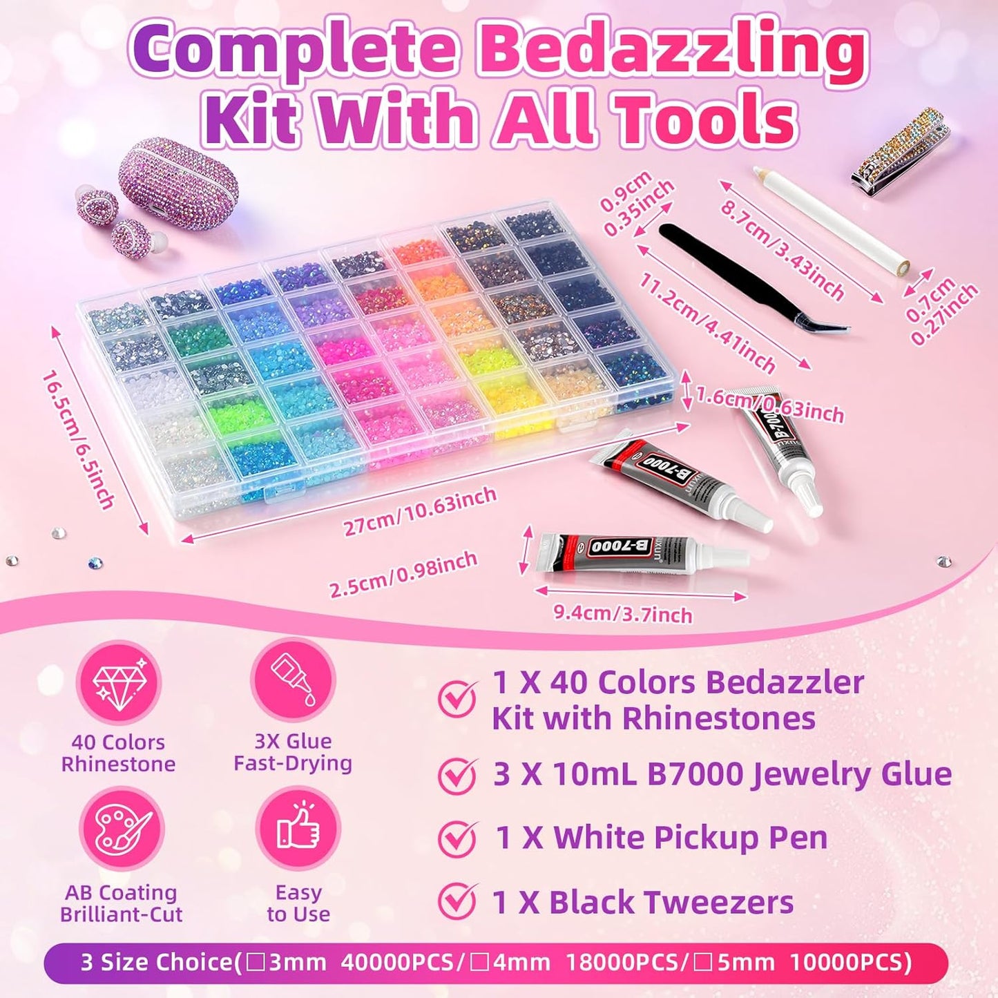 Resin Jelly Rhinestones Kit - 40 Colors, 40000 Pcs Flatback Gems with B7000 Glue & Tools | DIY Bedazzling Arts & Crafts