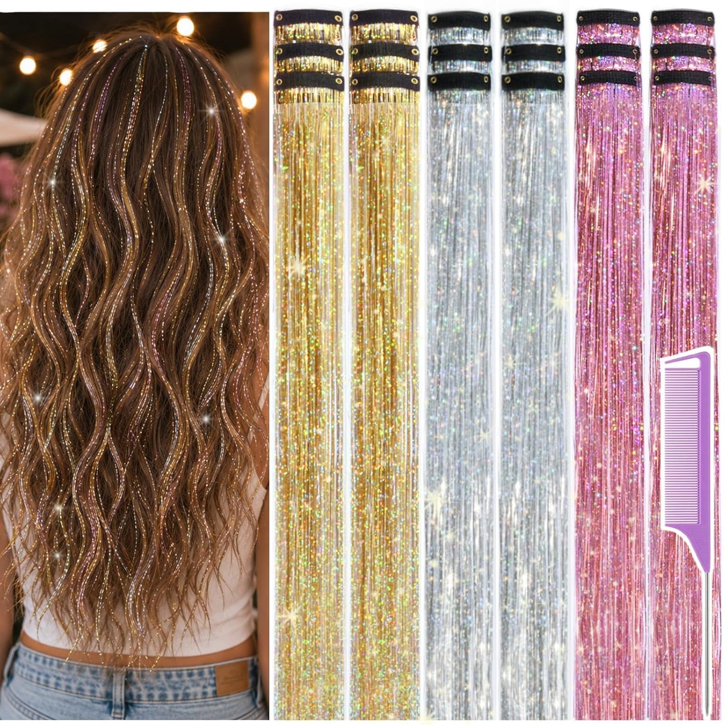 Hair Tinsel Clips - 18 Pcs 22 Inch Glitter Hair Extensions for Women & Girls | Coffee Gold