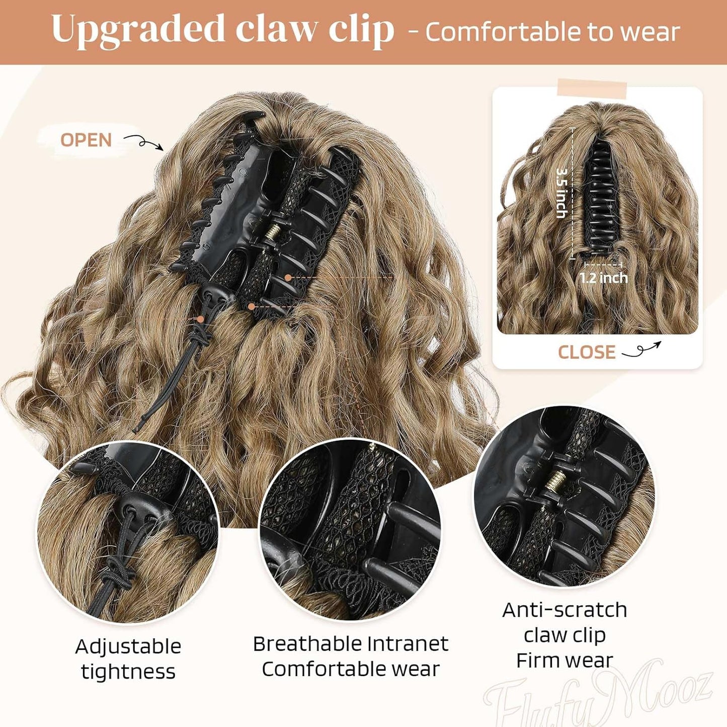 100% Pure Protein Ponytail Extension - 18 Inch Curly Claw Clip Hairpiece | Natural Soft Ash Brown