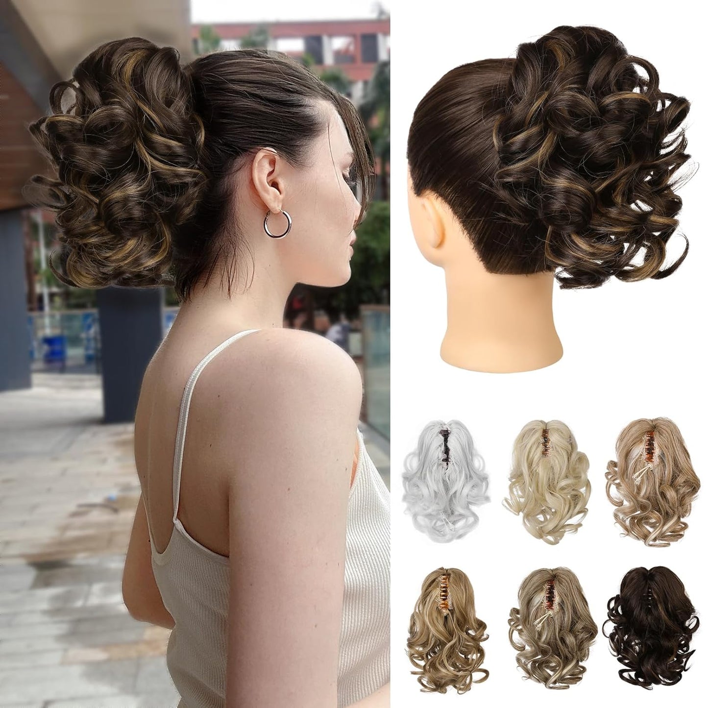 Ponytail Extension - 9" Claw Clip Short Curly Wavy Hairpiece | Dark Ash Blonde with Golden Ends