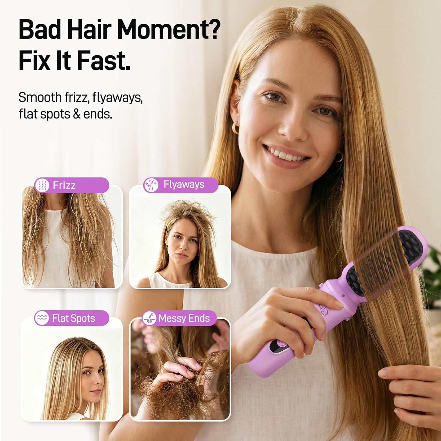 Cordless Hair Straightener Brush - 3-in-1 Portable USB Rechargeable Styler for Travel | Fast Heat, Purple