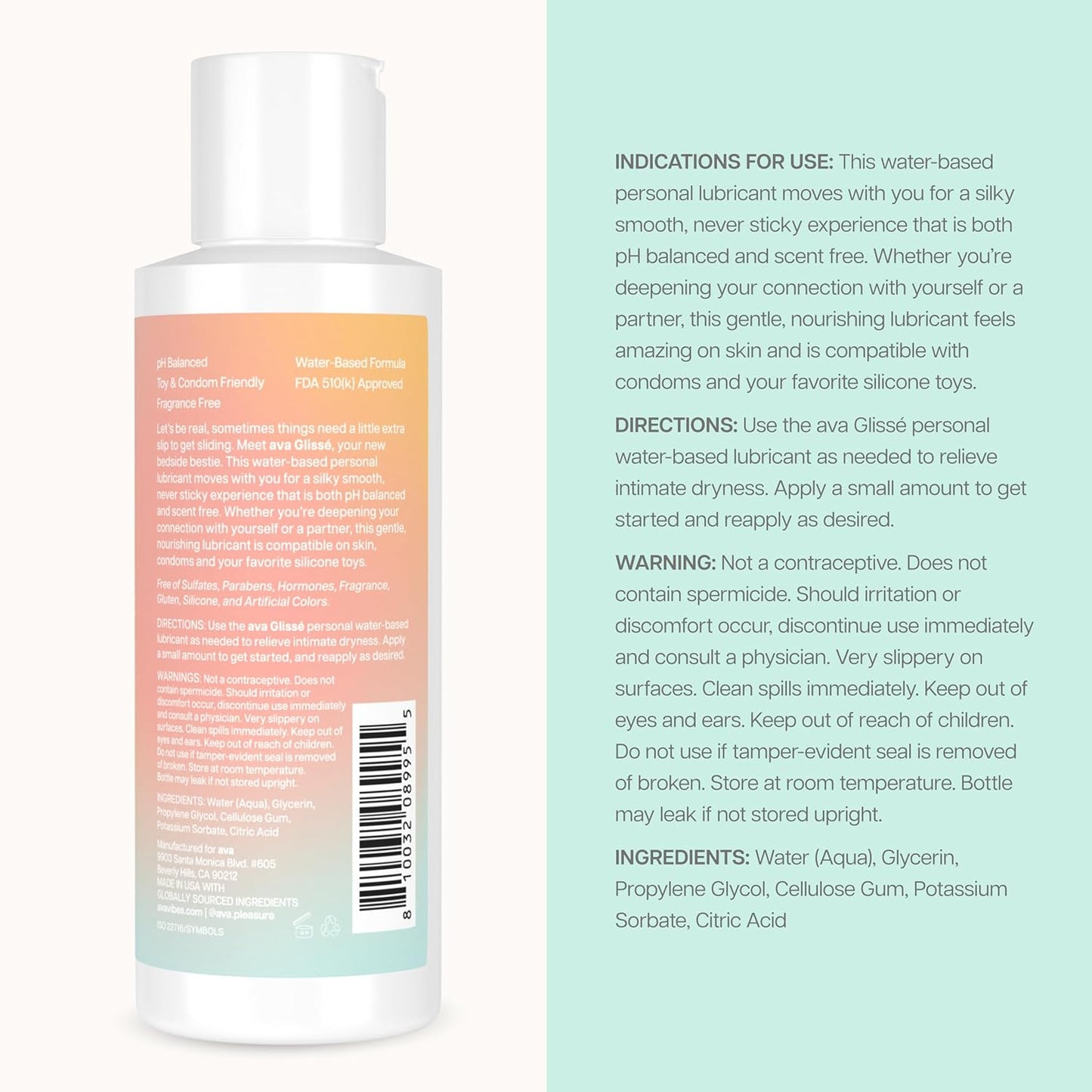 Ava Premium Water-Based Personal Lubricant - Long-Lasting, pH-Balanced & Toy-Safe Lube for Couples | 4 oz Bottle