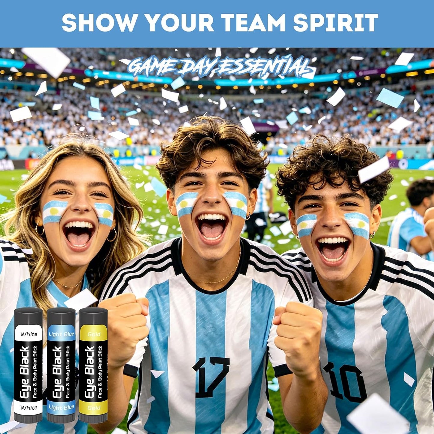Argentina Eye Black Stick - 14 Pack Blue White Gold Face Paint for Football & Baseball | Glare Reducing Sports Accessories