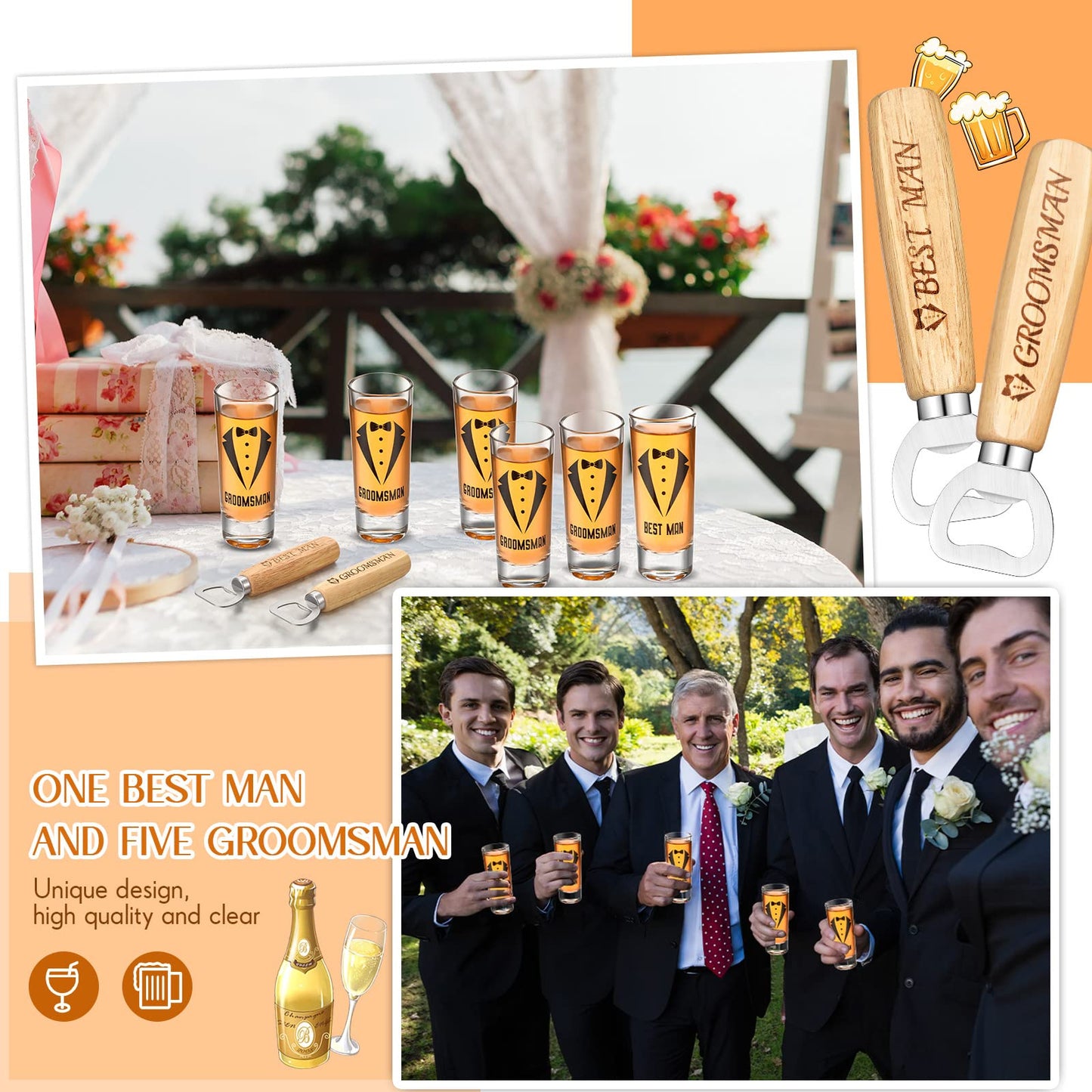 Didaey 12 Pcs Groomsmen Shot Glasses and Wooden Bottle Opener Set Include 6 Best Man Shot Glasses and 6 Bottle Opener Groomsmen Gifts Best Man Gift for Wedding Favor(Simple)