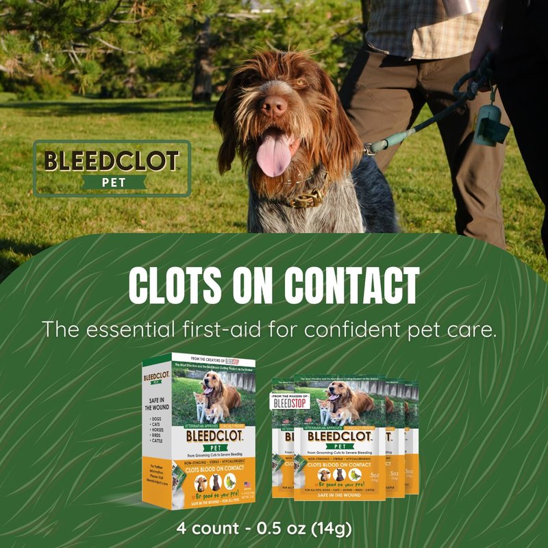 BleedClot Pet First Aid Blood Clotting Powder | The Best for All Animals to Stop Bleeding, Guaranteed | for Minor Cuts and Severe Arterial Bleeding | from The Makers of BleedStop (4 Pouches (0.5 oz))