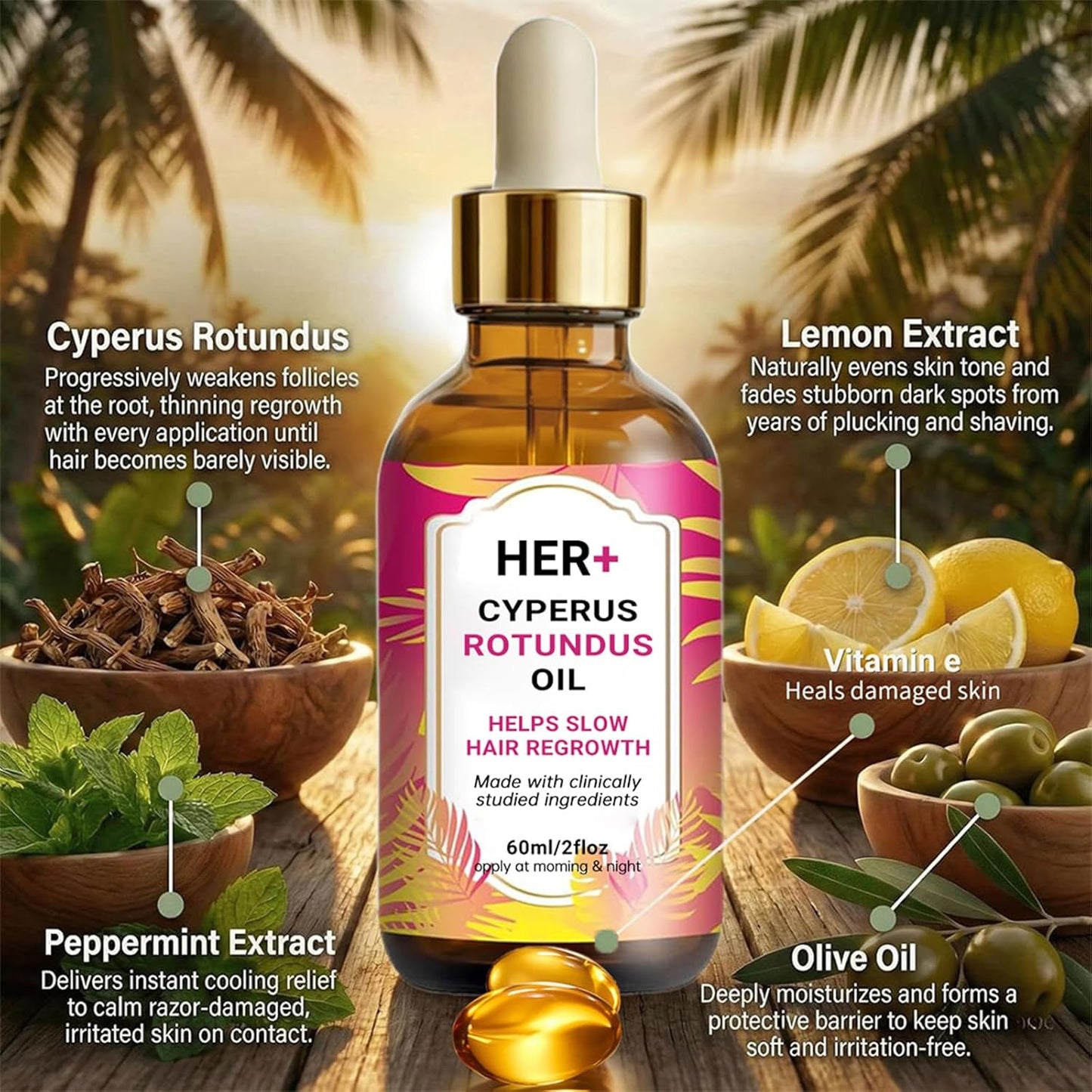 Cyperus Rotundus Oil for Hair Removal - 60ml | Reduces Body Hair Growth, Moisturizes & Soothes All Skin Types