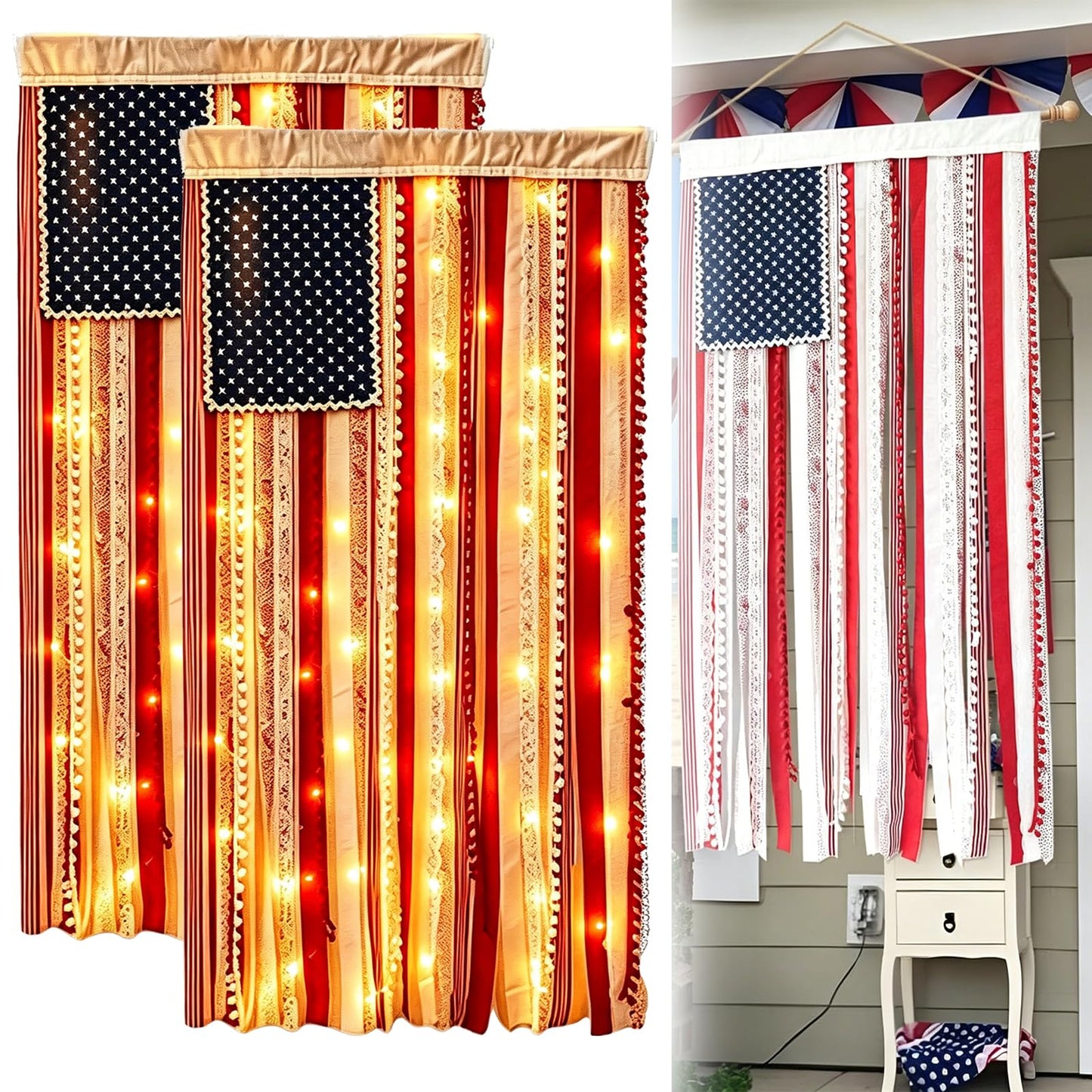 Lighted Rag American Flag Banner, 4 x 2.3 Ft American Flag Banner, 4th of July Decorations Independence Day Retro American Flags Bunting for Outdoor Garden Yard Home Party (2pcs)