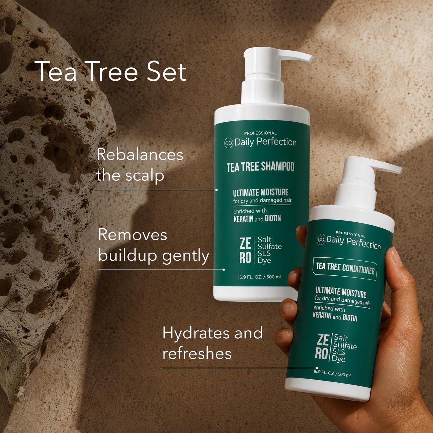 Daily Perfection Tea Tree Shampoo and Conditioner Set - Ultimate Moisture Hair Care Duo with Biotin and Keratin for Dry and Damaged Hair - Salt, Sulfate and Paraben Free - 16.9 Fl Oz Each, 2-Piece Set