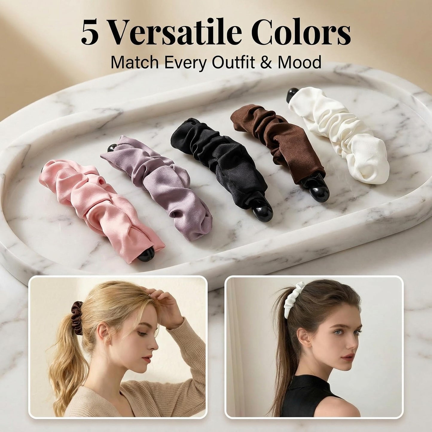 OKKRMGZ 5Pcs Banana Hair Clip Satin Clips for Women Small Mini Bannana Curly Stretchy Ponytail Barrettes Ruched Fabric Non Slip Styling Accessories for Thin Fine Hair
