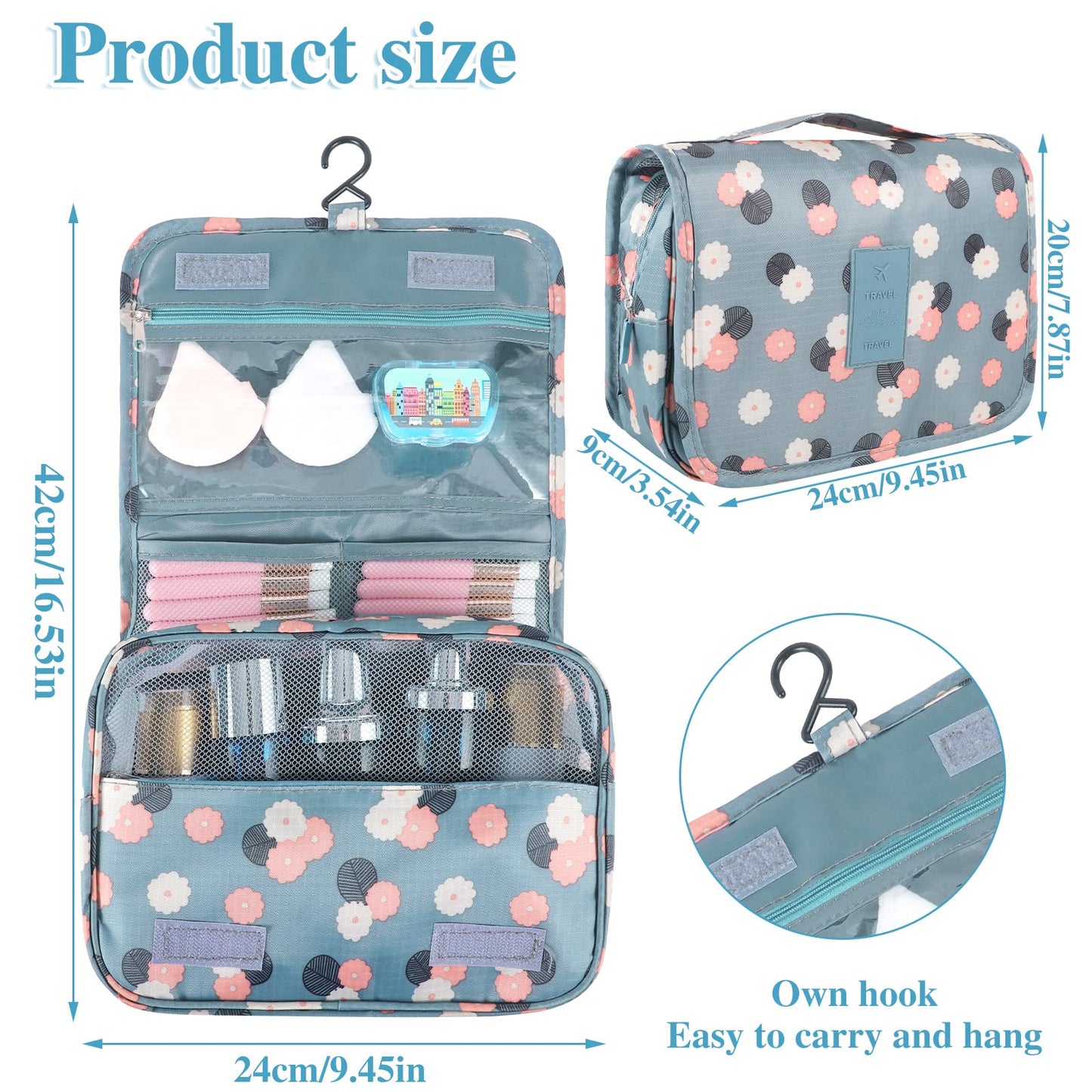 Pengxiaomei Hanging Toiletry Bag, White & Pink Little Flowers Waterproof Cosmetic Bag Portable Travel Makeup Pouch Wash Bag with Handle for Woman Teen Girl Gifts