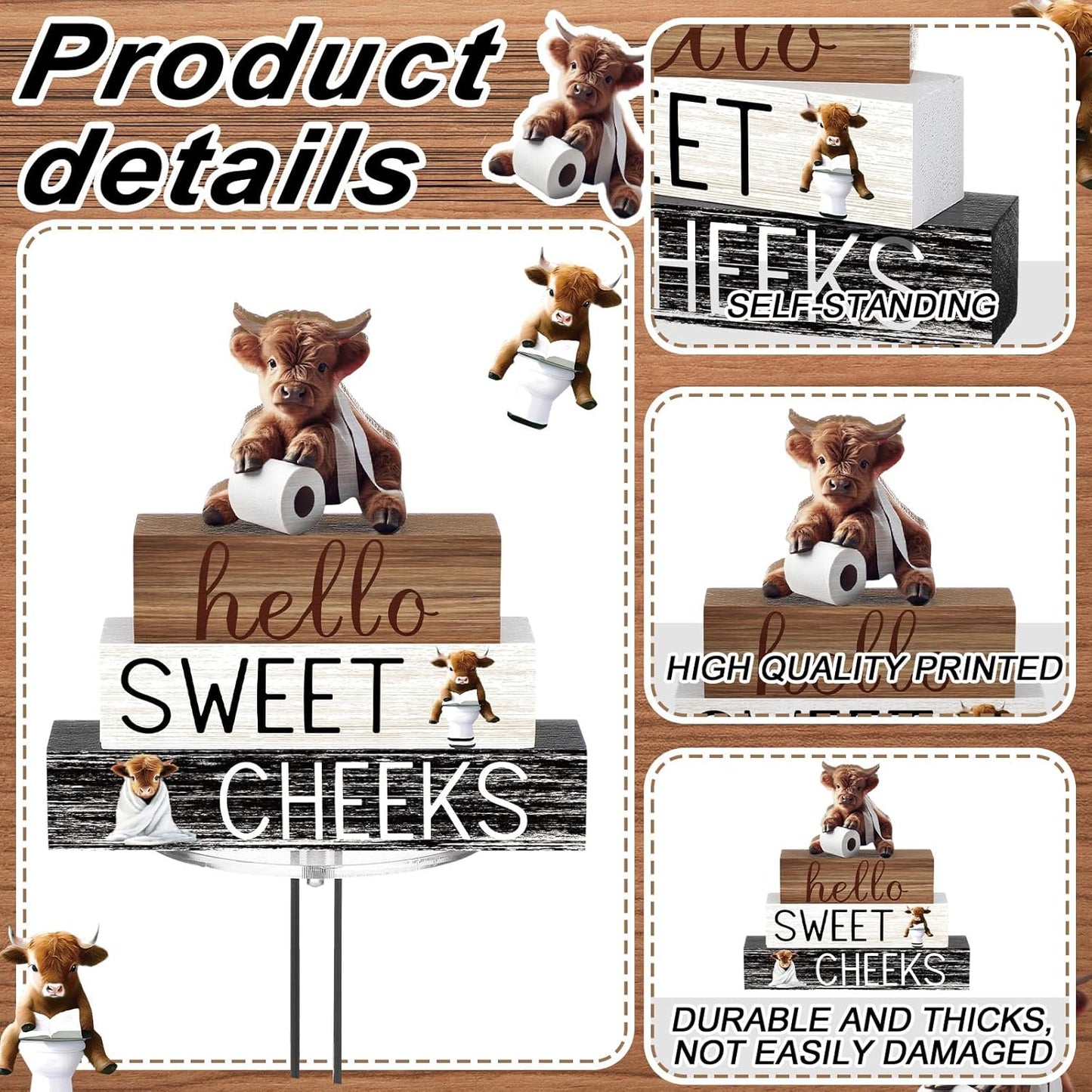 Highland Cow Bathroom Decor | 4 Pcs Farmhouse Style Table Centerpiece for Christmas & Valentine's Day