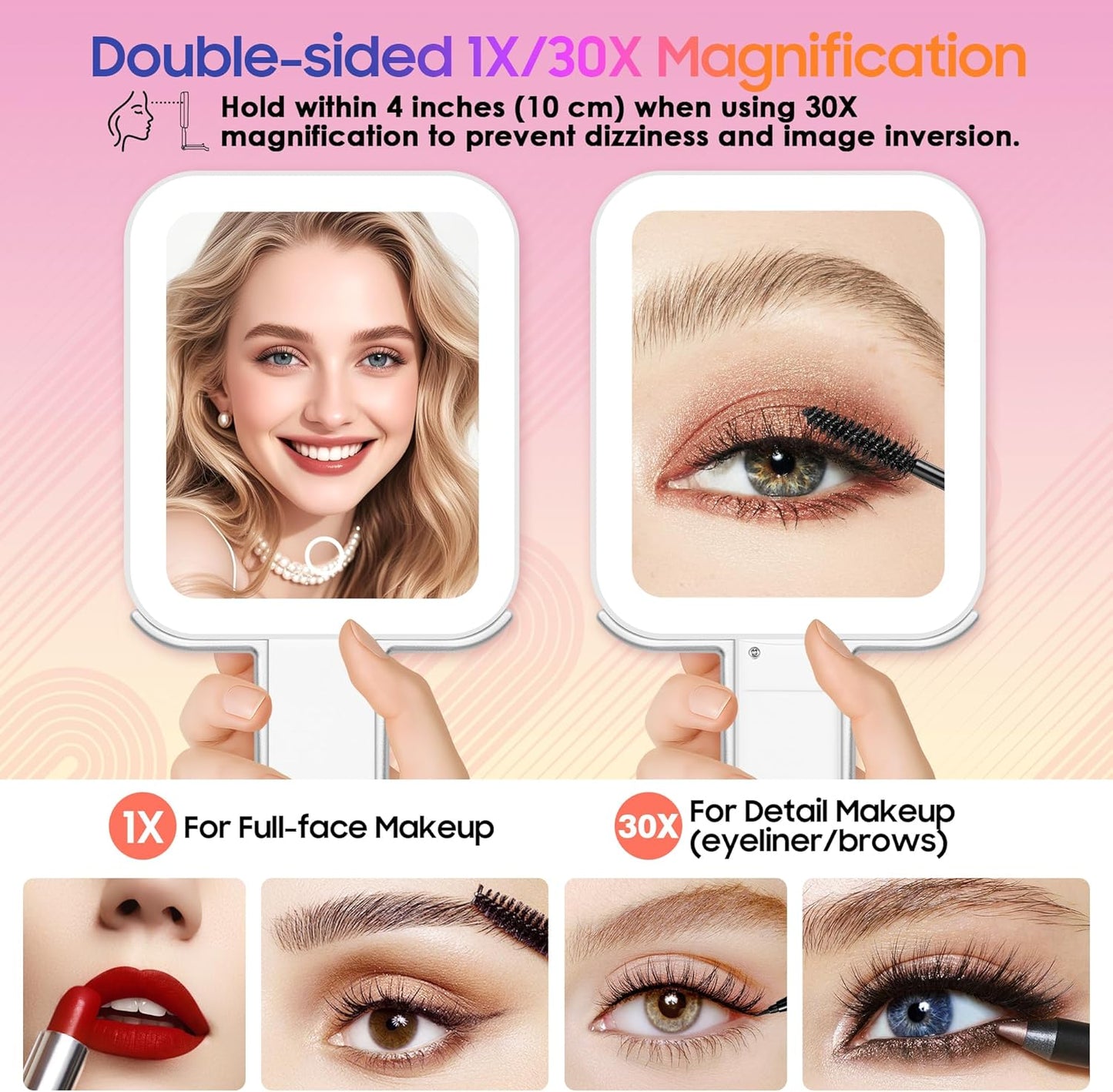 Magnifying Travel Mirror with Light - 30X/1X Double-Sided, Adjustable Brightness, Portable for Makeup & Desktop Use