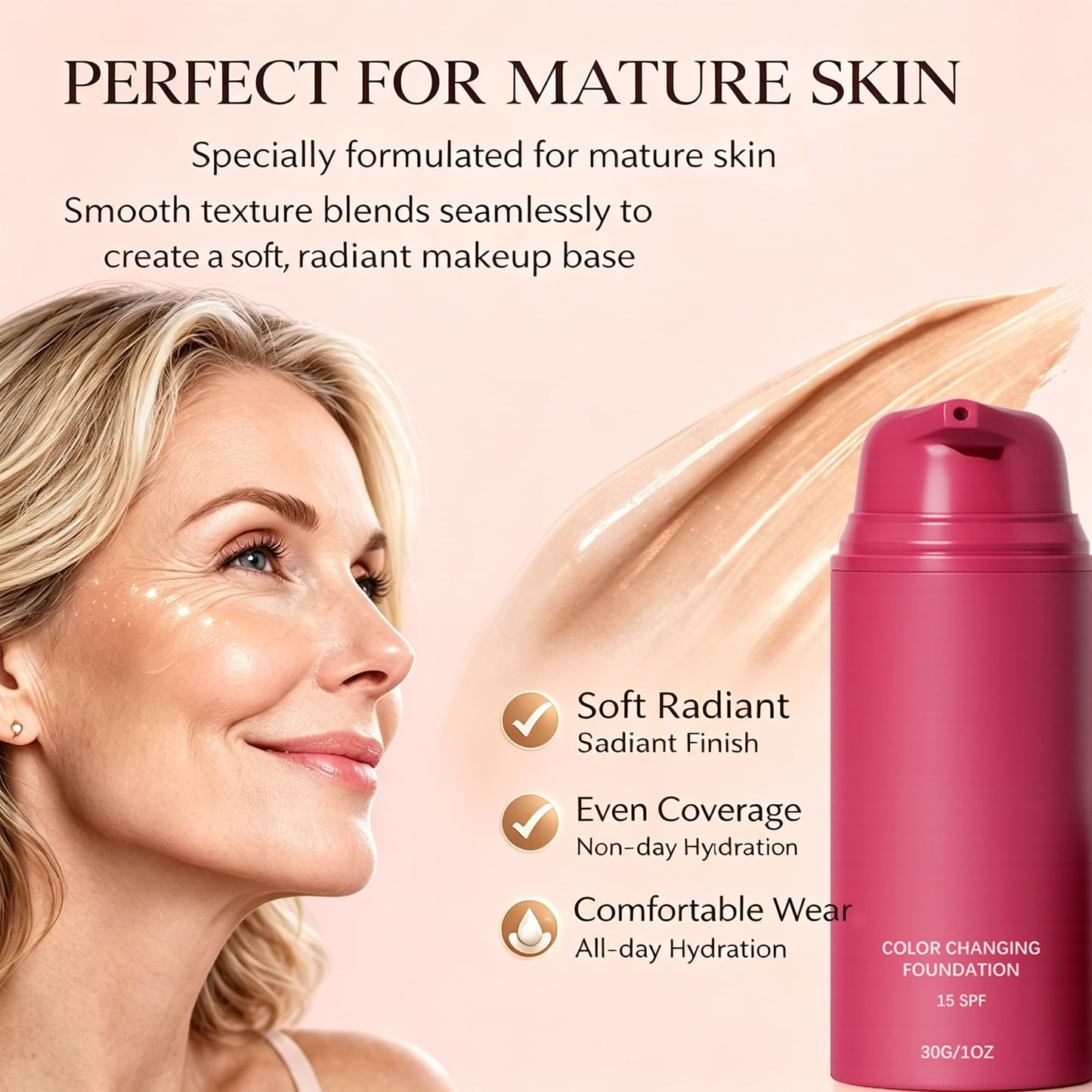 Color Changing Foundation for Mature Skin, Hydrating Liquid Makeup Instantly Adapts to Your Skin Tone, Buildable Coverage with Natural Dewy Finish