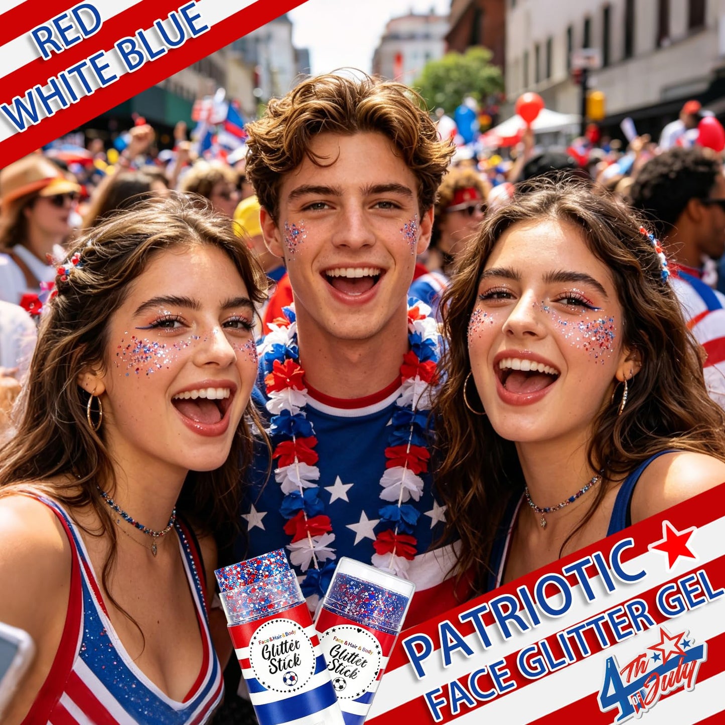 Patriotic 4th of July Glitter Stick,Sparkle Red White and Blue Face Hair Body Glitter,4th of July Outfits & Accessories for Women Kids,Waterproof Glitter Makeup for 250th Independence Day Anniversary
