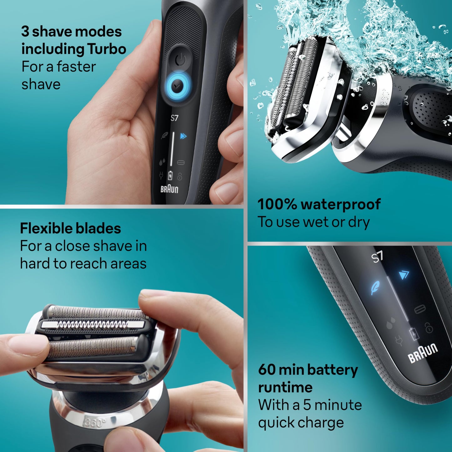 Braun Series 7 Electric Shaver for Men, Wet & Dry Foil Razor, 4-in-1 SmartCare Clean & Charge Center, Beard Trimmer Attachment, Stubble Attachment, Travel Case, Grey 7185cc