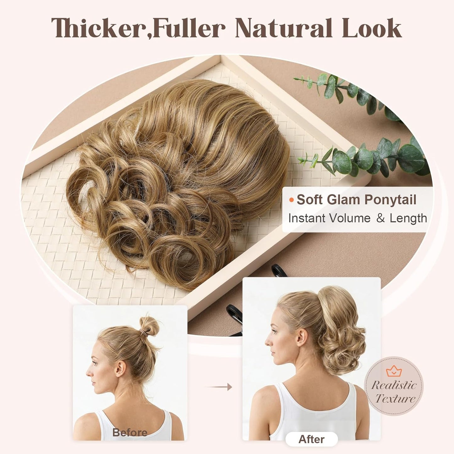 Ponytail Extension - 8" Short Curly Drawstring Hairpiece for Women | Deep Blonde with Highlights