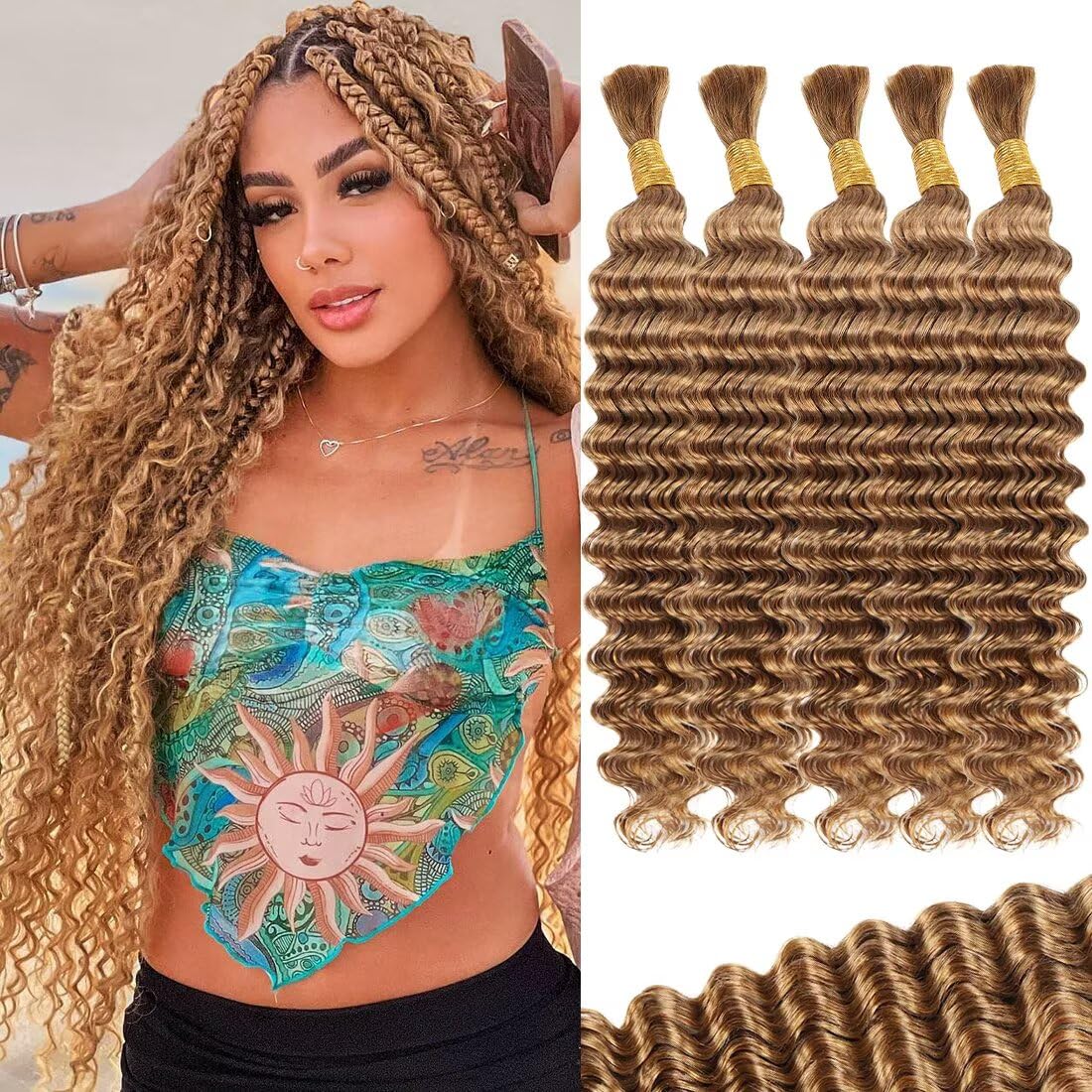 Blonde Human Braiding Hair - 20 Inch Deep Water Wave | 5 Bundles Brazilian Virgin Curly Extensions in Honey Blonde Color 27