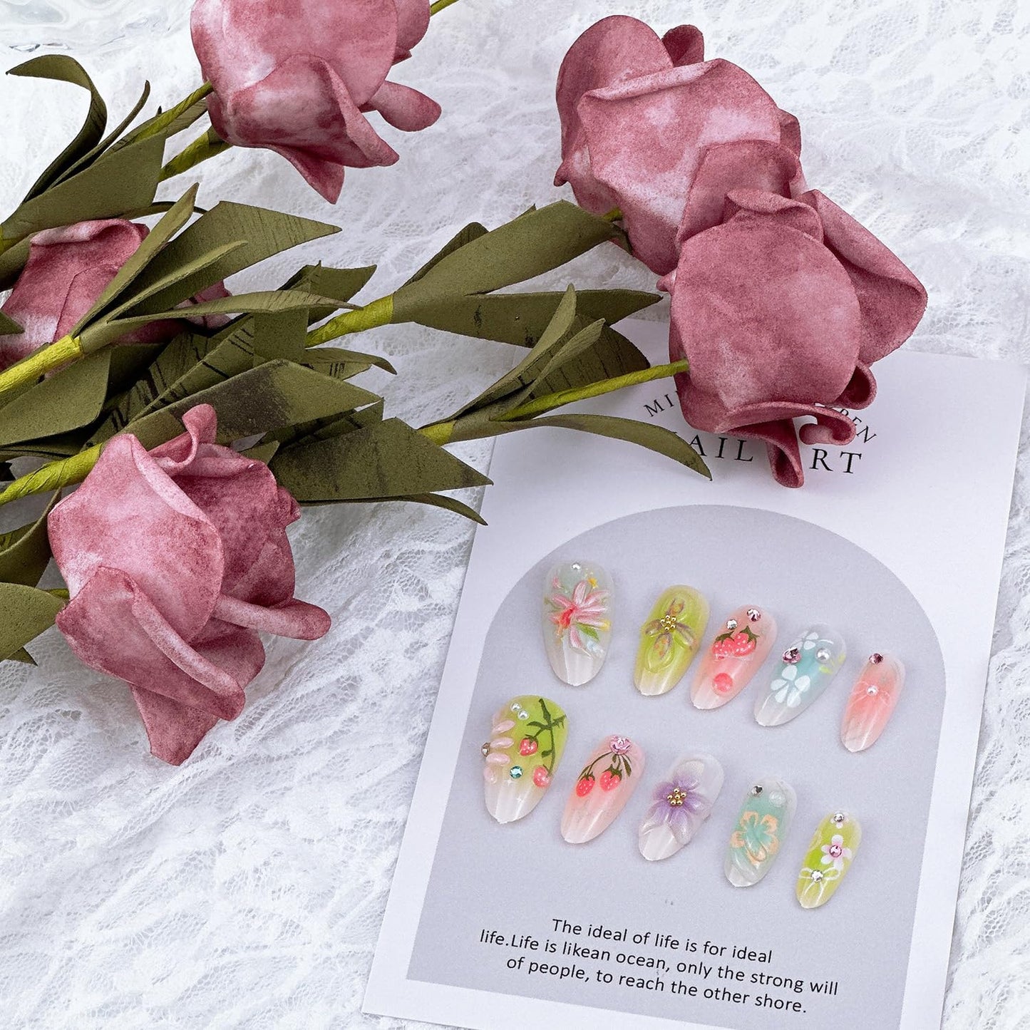 3D Flower Press-On Nails - Medium Almond Shape with Pearl Rhinestones | Cute Strawberry & Pink Bow Designs