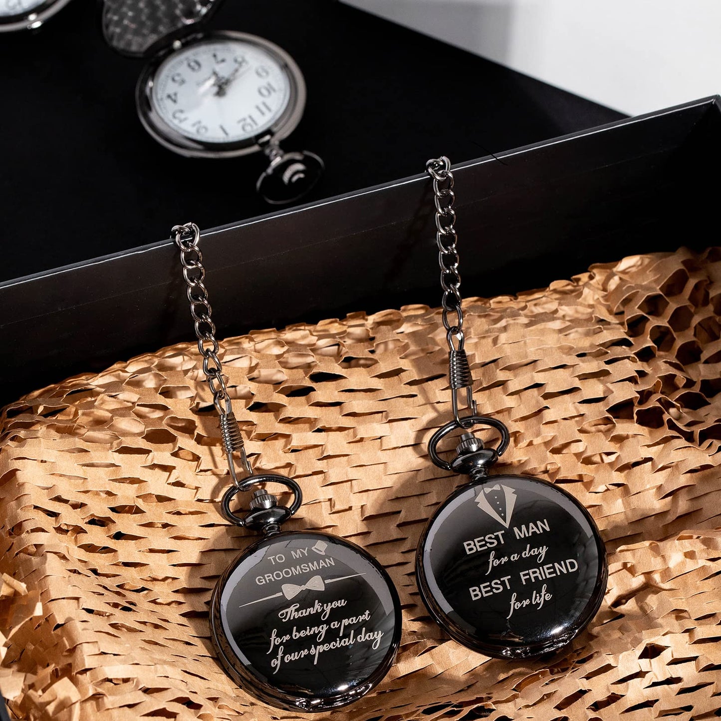 Yewkit 4 Pcs Groomsman Gifts for Wedding Groomsmen Engraved Pocket Watch Best Man Proposal Gifts Roman Numerals Quartz Pocket Watch Wedding Gifts with Chain for Groomsman Best Man