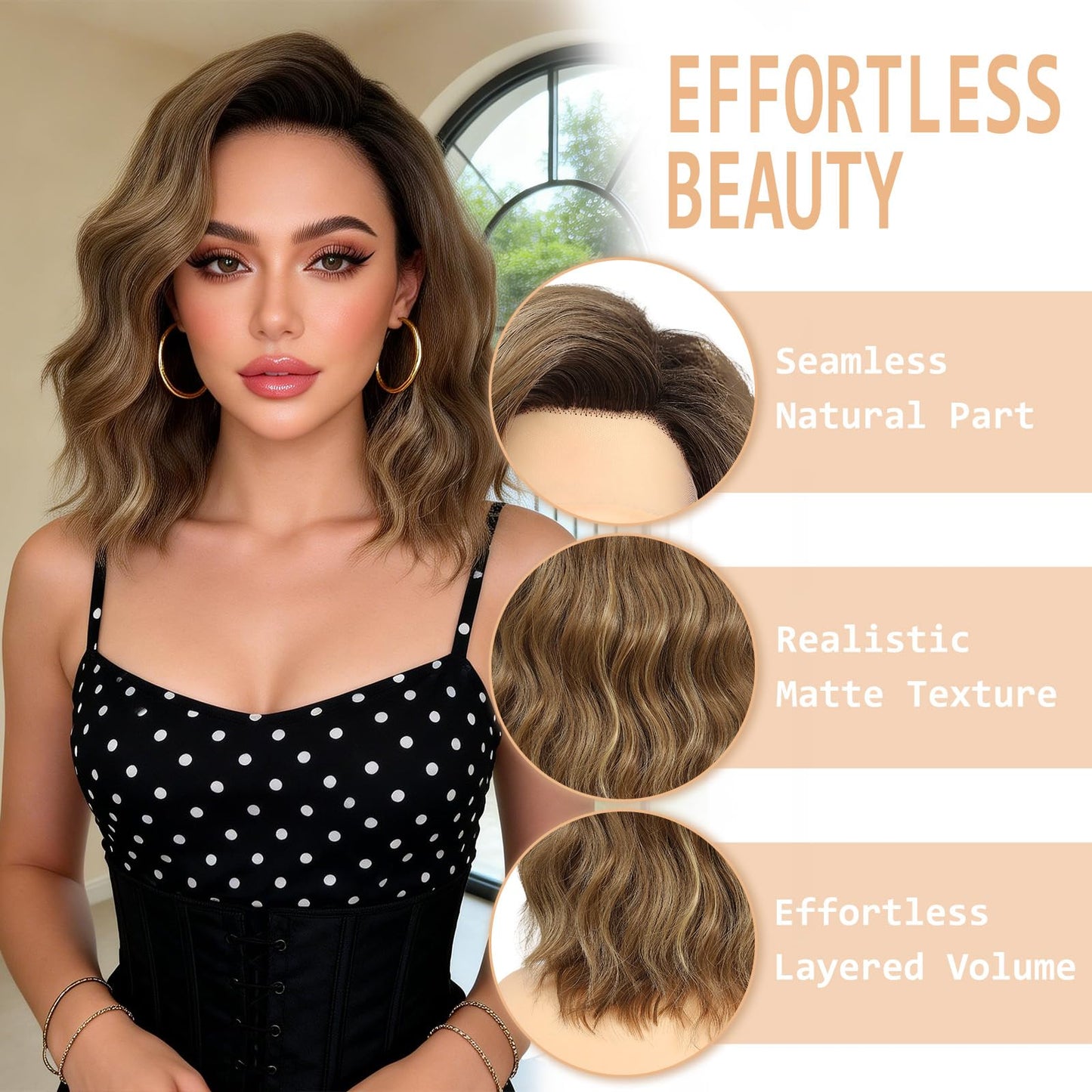 AliRobam Short Brown Highlight Wavy Bob Wig for Women Free Part 9x1 Lace Front Shoulder Length Curly Synthetic Wig Natural Hairline 14 Inch for Daily Party Cosplay