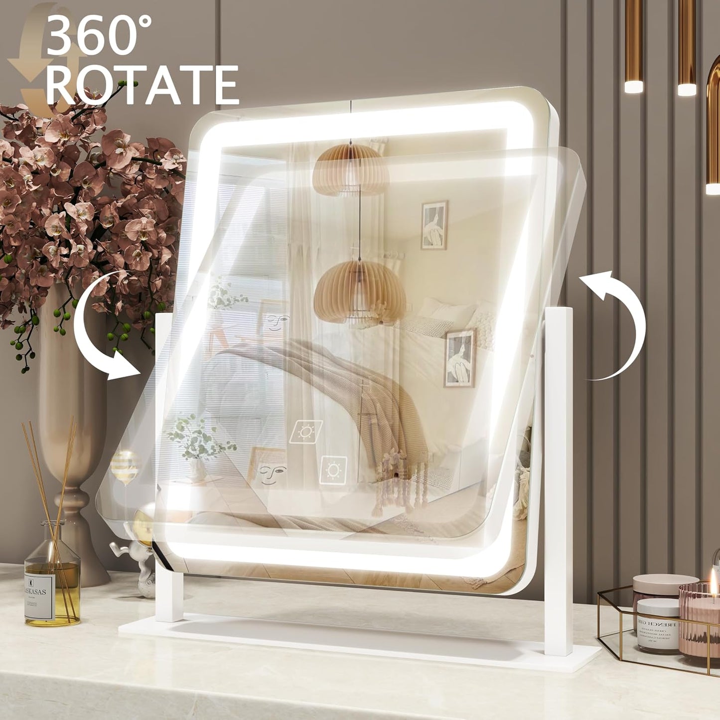 Lighted Vanity Mirror - Dimmable Makeup Mirror with 3 Color Smart Touch Control | 15"x13" HD Glass, 360° Rotation, Aluminum Frame