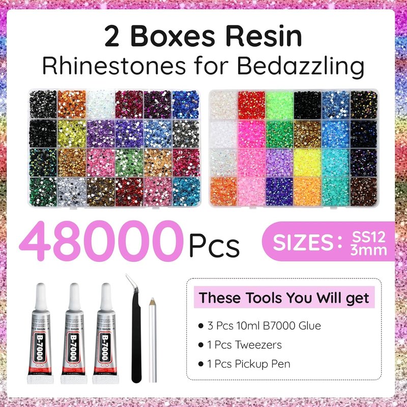 Resin Rhinestones Bedazzling Kit - 48 Color 3mm Flatback Gems for Crafting | Includes 3Pcs 10ml Jewelry Glue & Tools
