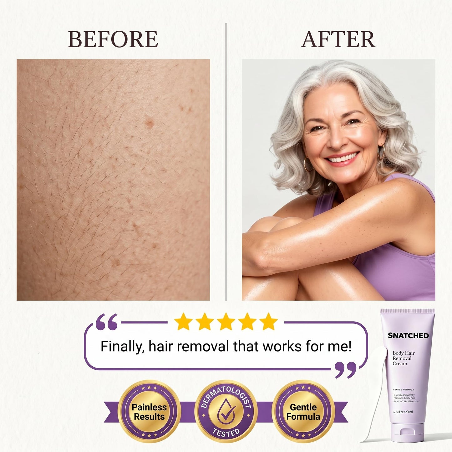 Snatched Hair Removal Cream for Woman Aged 65+, Plant-Based Hair Removal Cream for Women & Men, Fast-Acting Depilatory Cream for Legs, Arms, Underarms & Bikini Area, Smooth Skin Care (1)