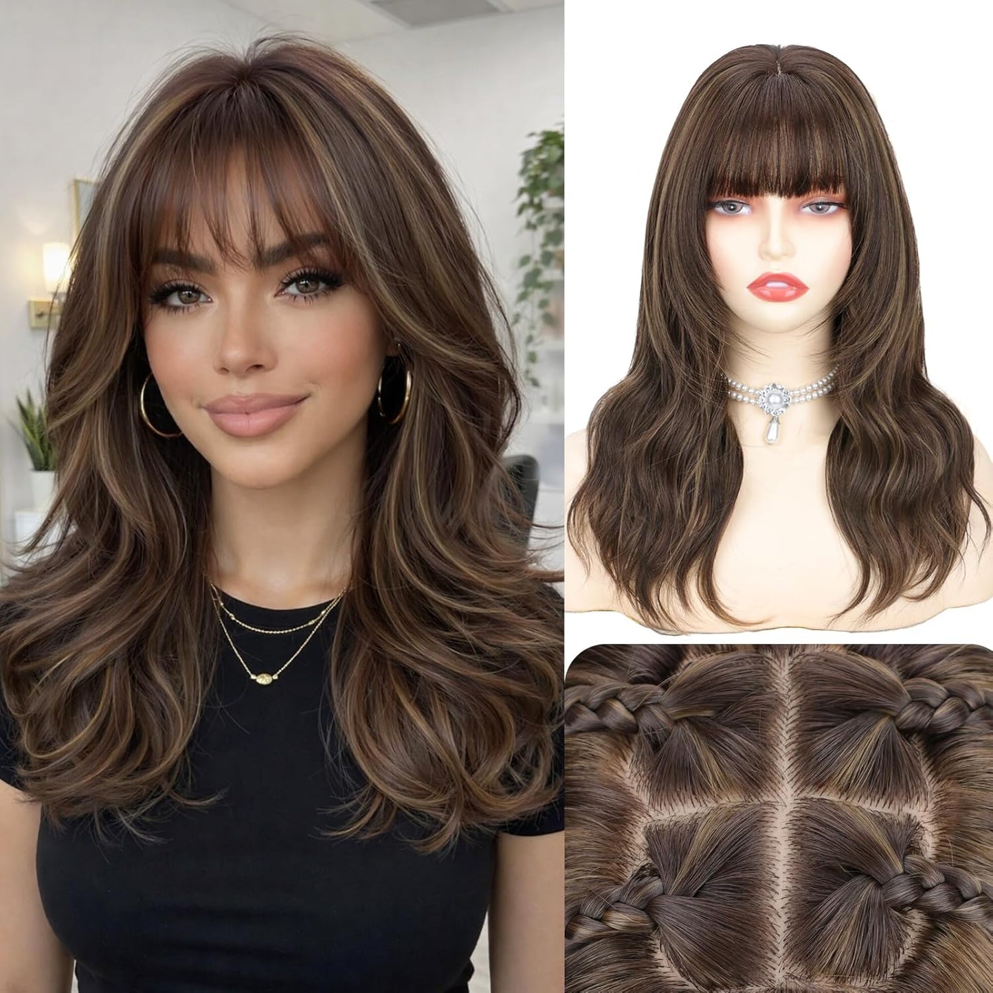 Black Wig with Bangs - 4x4 Realistic Scalp Layered Wavy Synthetic Wig | 18 Inch Natural Look for Daily Use