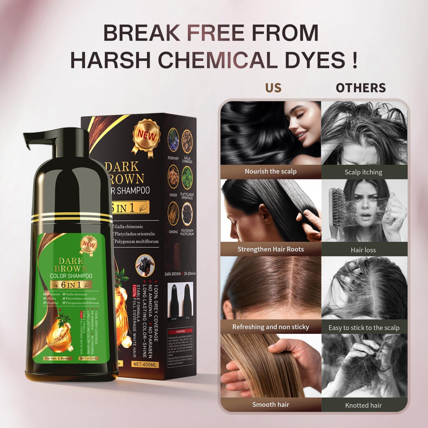 Black Hair Dye Shampoo 6-in-1 for Gray Hairr，Semi-Permanent Hair Color Shampoo for Women and Men，100% Grey Coverage Long-Lasting Color，Natural herbal Ingredients(Natuarl Black)