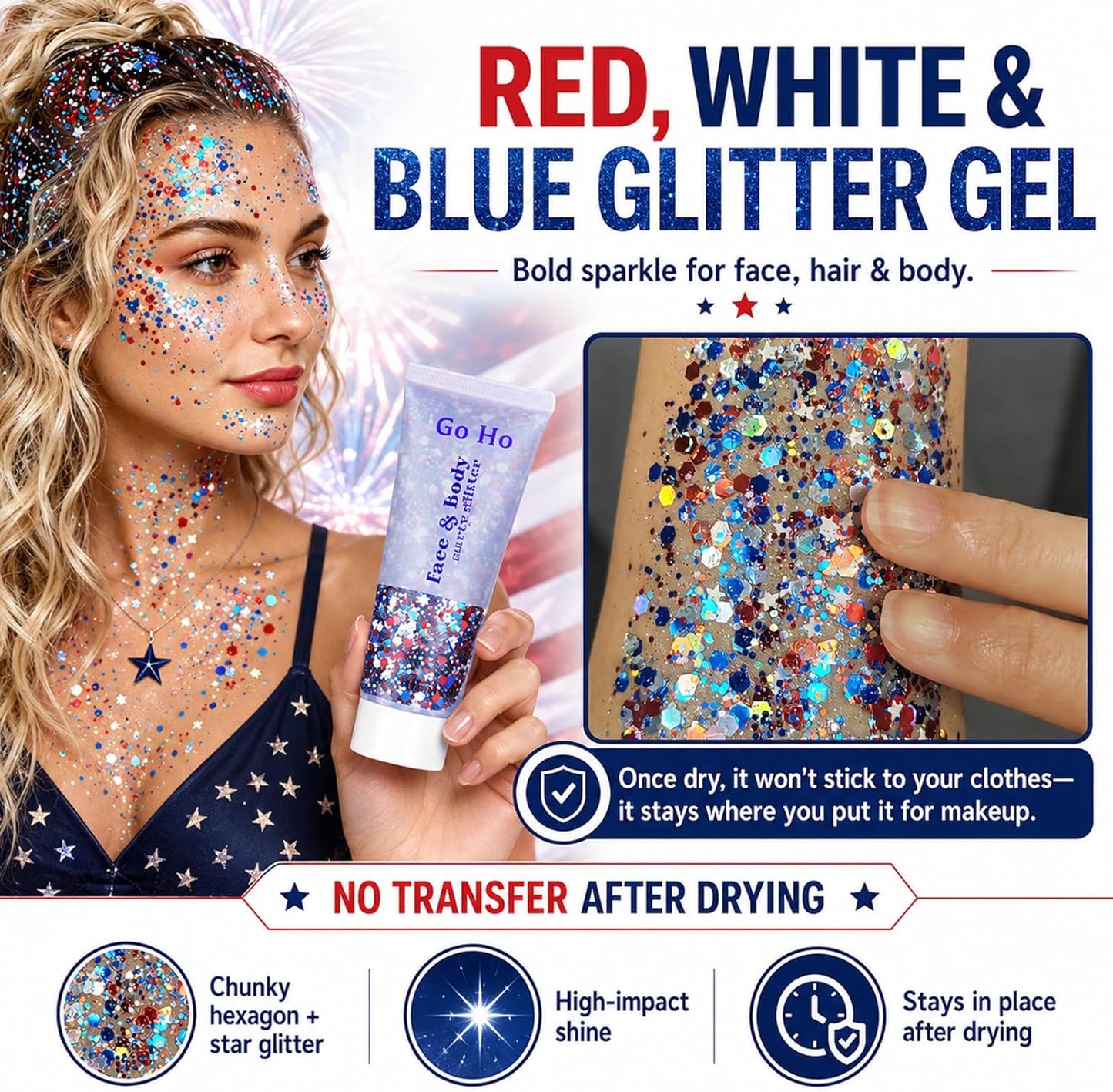 Red White and Blue Body Glitter - Patriotic USA Flag Face & Hair Glitter for 4th of July | Holographic Chunky Sequins