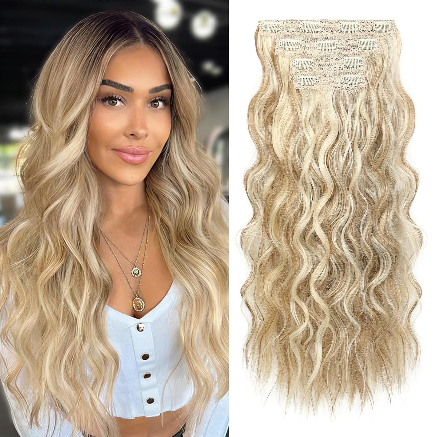 REECHO Clip-In Hair Extensions - 24" Thick Blonde Beach Waves | Invisible Lace Weft, Natural Soft Hairpieces for Women