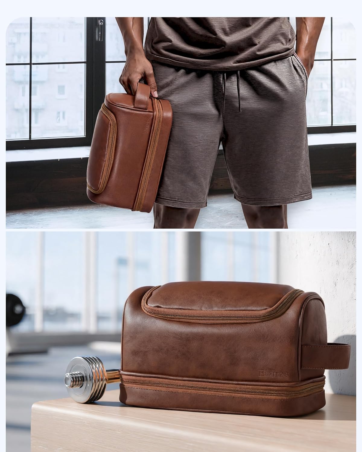 Elviros Toiletry Bag - Men's PU Leather Travel Organizer Kit | Large Water-Resistant Bathroom Shaving Bag (Dark Brown)