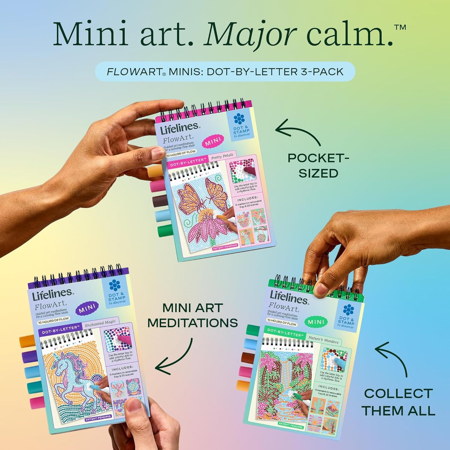 FlowArt Mini Activity Pads - Guided Dot-by-Letter Art Meditations | 3-Pack with 15 Markers & 60 Scenes for All Ages