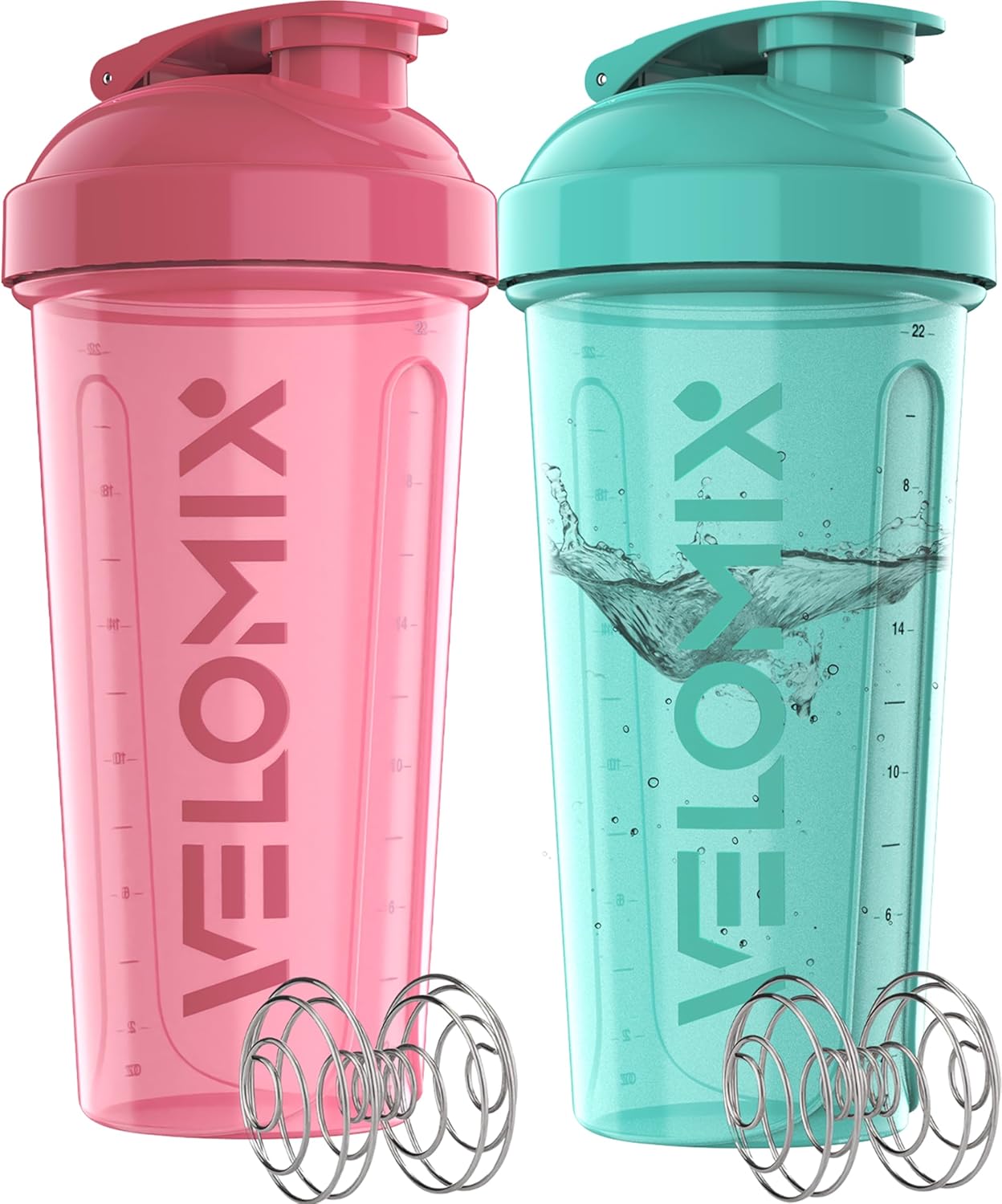 Protein Shaker Bottles - 28 oz Leak Proof Shaker Cups with 2 Wire Whisks | 2-Pack (Black/Transparent)