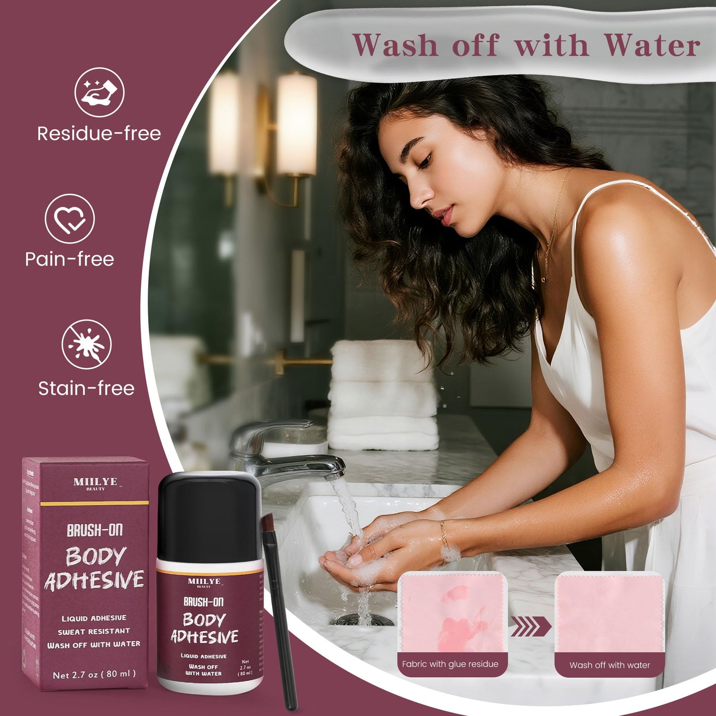 Body Adhesive for Clothes and Dancers - 80ml, Sweat Proof, Strong Hold Skin Glue for Socks, Stockings, Leotards, Bras, Wigs, Costumes and Clothing