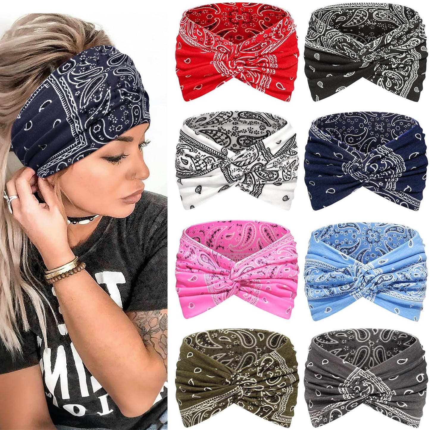 Wide Headbands for Women - 7.08 Inch Thick Boho Turban Hair Wraps | Non-Slip, Moisture-Wicking, 8 Pack Multi Colors