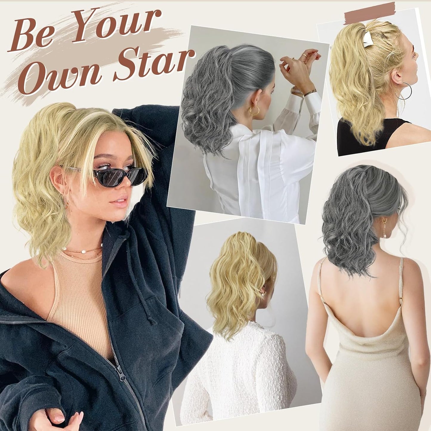 Claw Clip Ponytail Extensions - 14 Inch Short Wavy Gray Hairpiece for Women | Thick Synthetic Ponytail