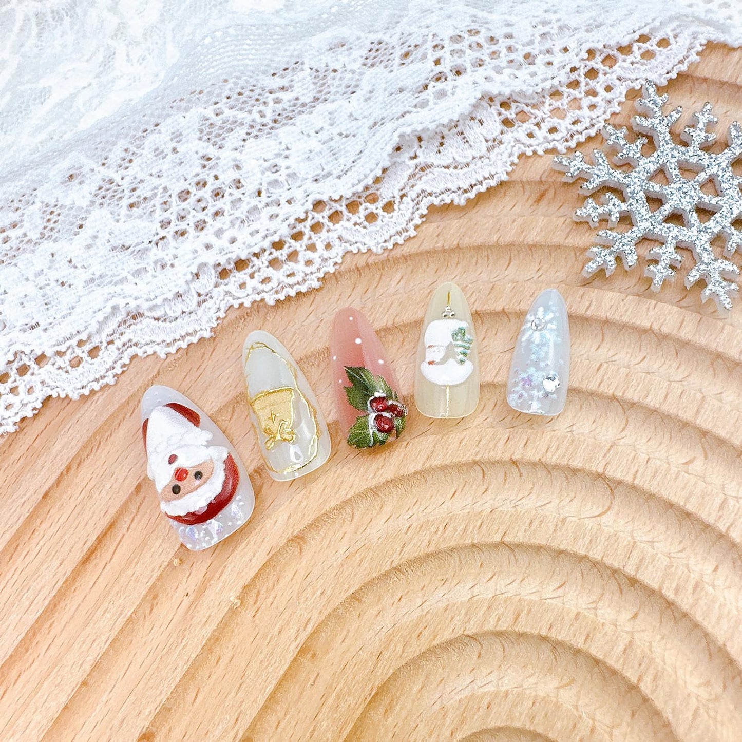 Christmas Press-On Nails - 24pcs Almond Medium Fake Nails with 3D Santa Claus & Snowman Designs | Holiday Nail Art Set
