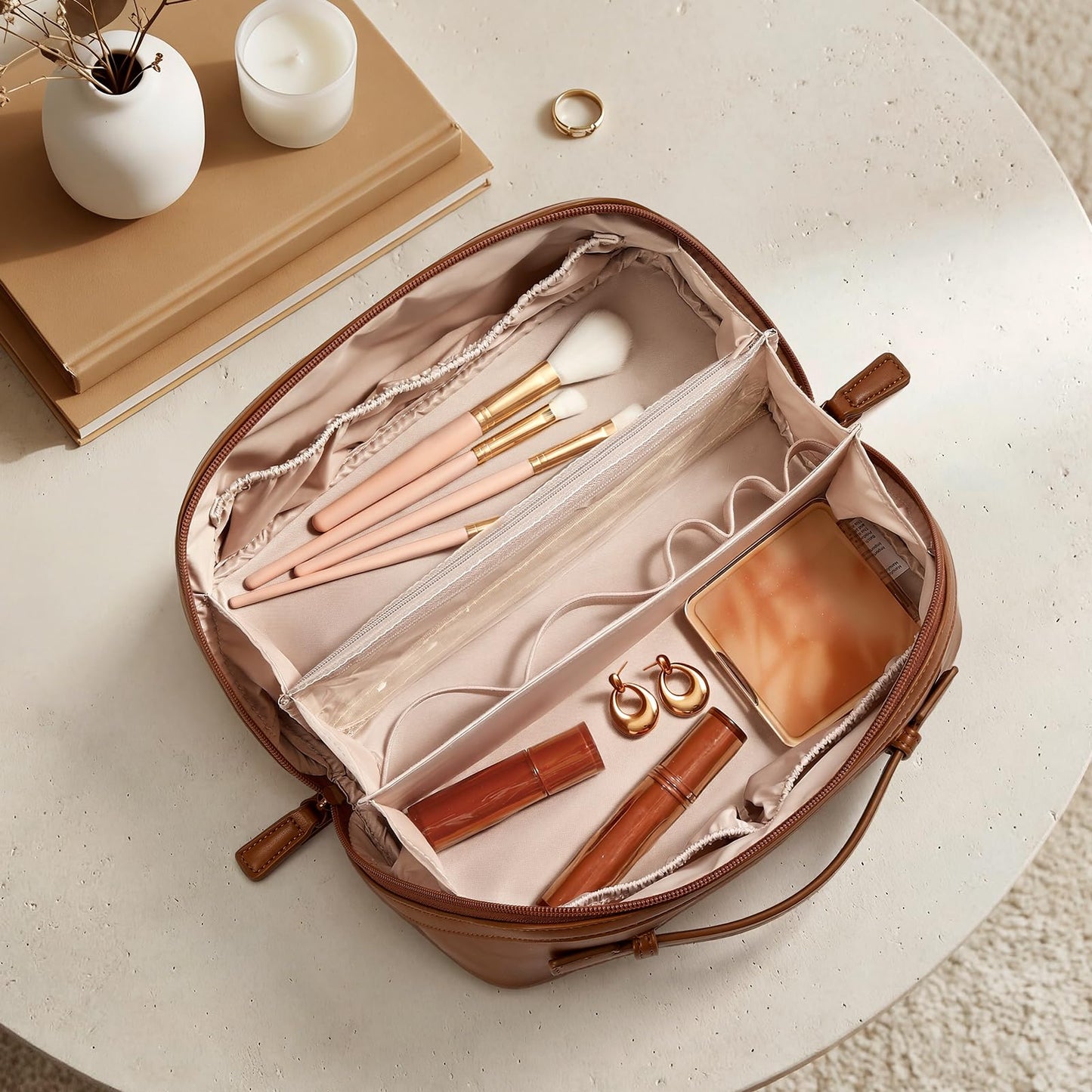 mibasies Travel Makeup Bag for Women, Large Capacity Waterproof PU Leather Flat Open Cosmetic Bag, Portable Toiletry Bag for Business Trip & Daily Use