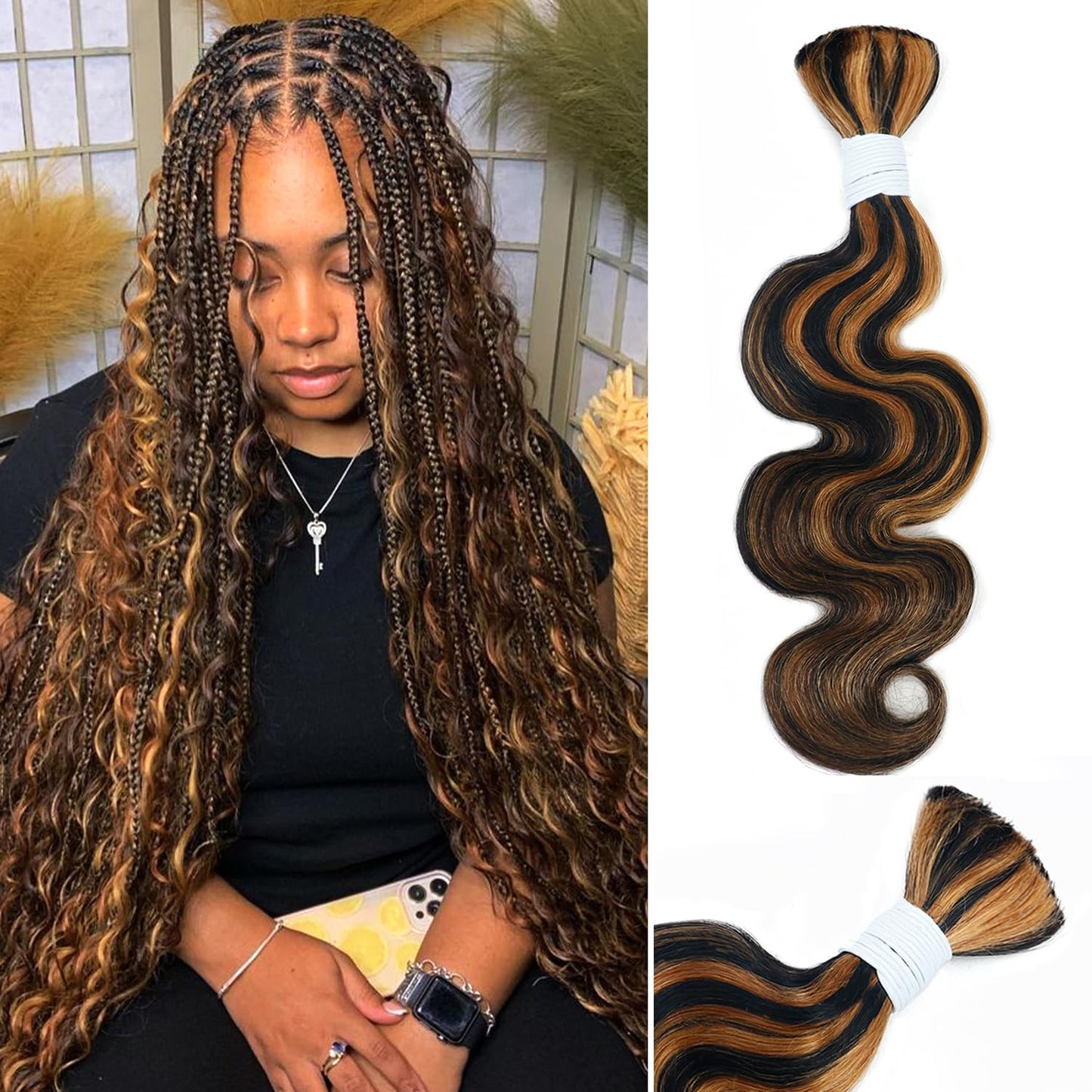 Body Wave Curly 4/27 Human Braiding Hair - 100g One Bundle for Boho Braids | 18 Inch
