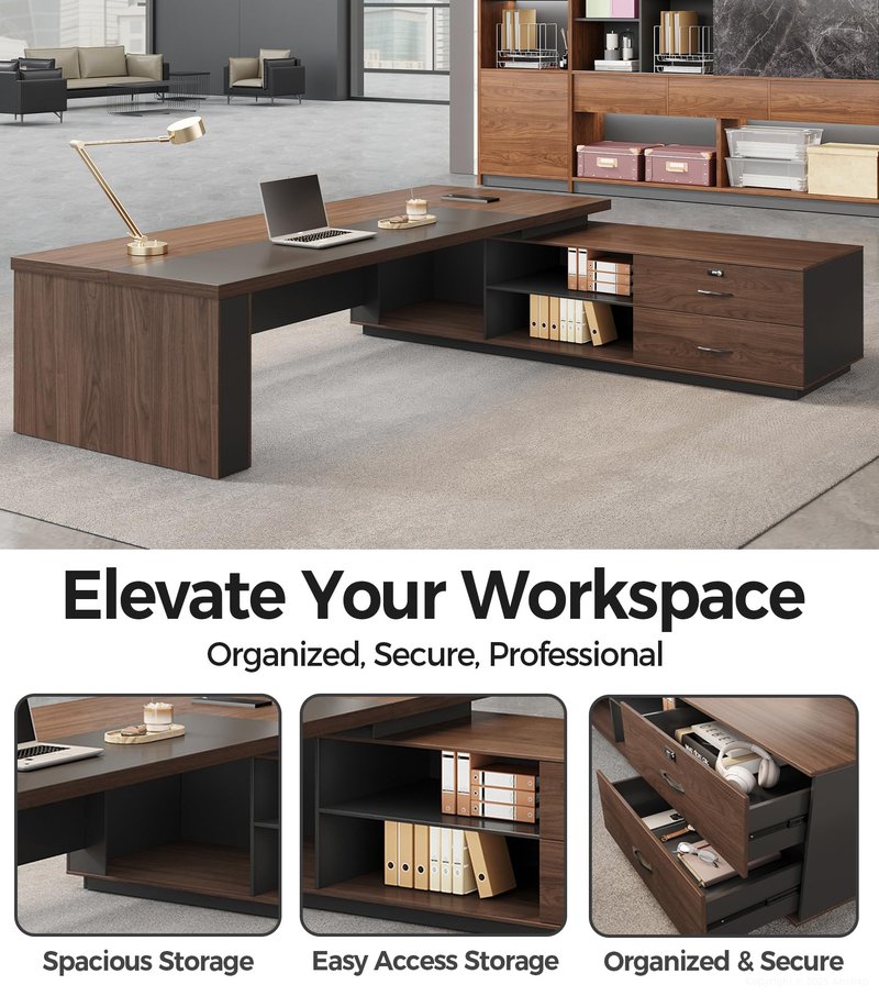 Anzhap 79" Reversible L-Shaped Executive Desk with Power Outlets & LED Lighting, Large Modern Office Desk with Drawers & Storage Shelves for Home Office, Corporate, School (79" W x 63" D x 30" H)