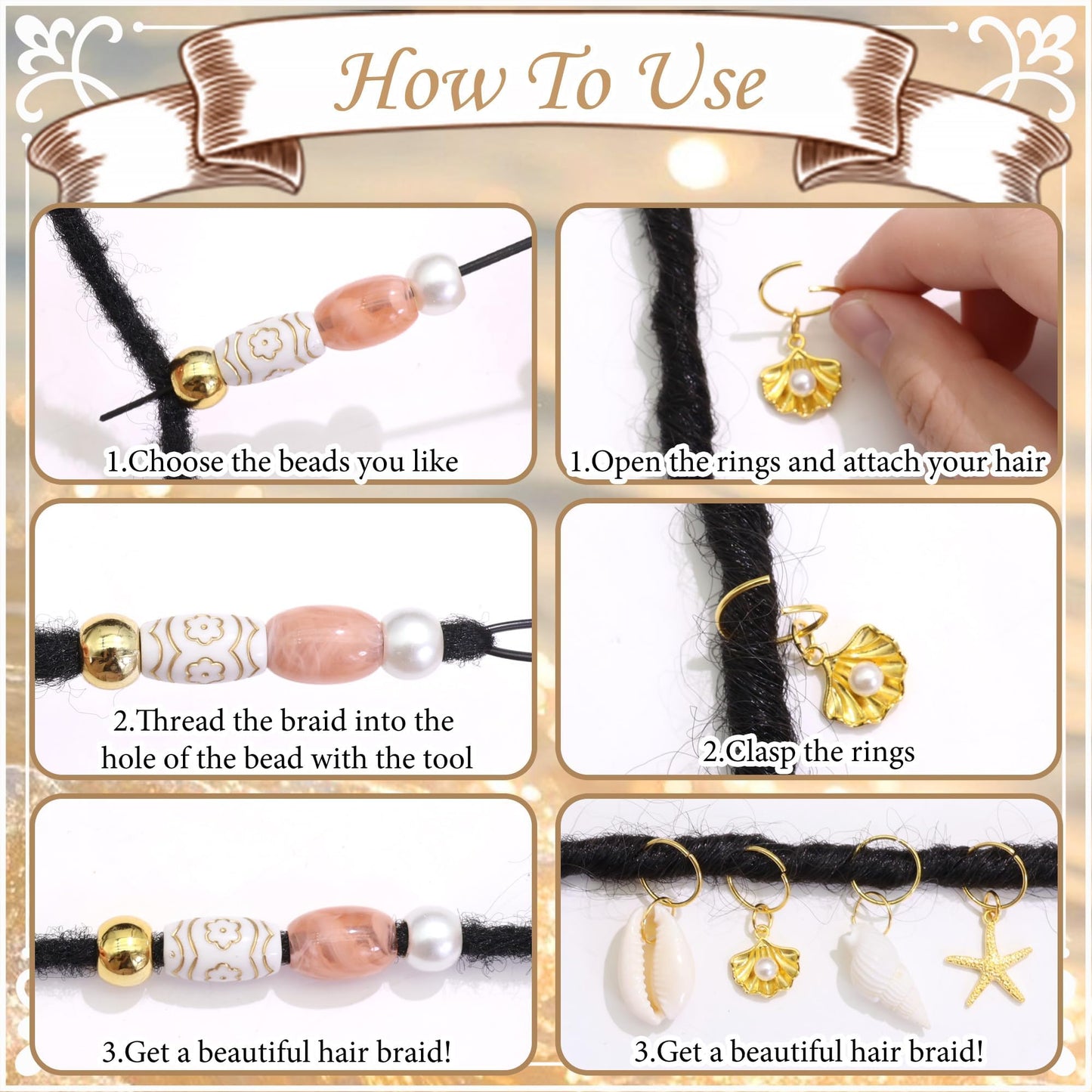 NAISKA 58PCS Gold Pink Hair Beads for Braids 15 Styles Women Hair Jewelry