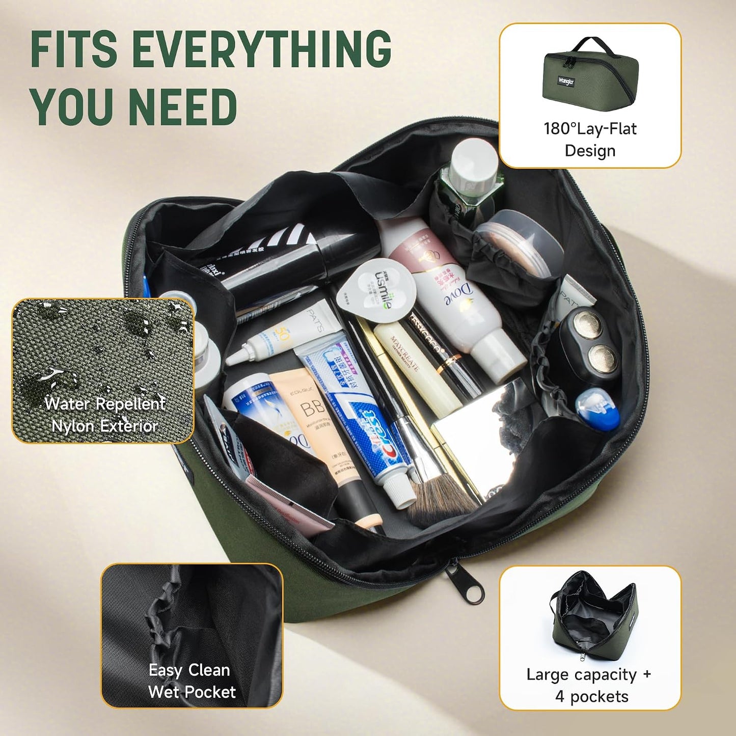 Wrangler Travel Toiletry Bag - Large Capacity Makeup Organizer | Water-Resistant Nylon, 4 Pockets, 180° Lay-Flat Design