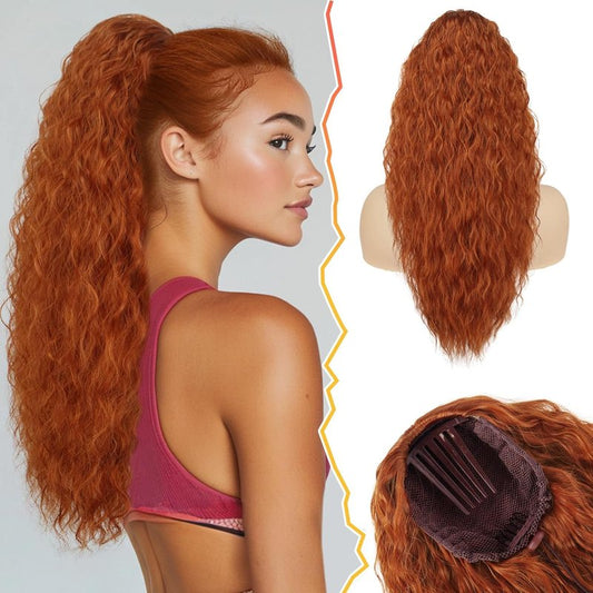 22 Inch Long Curly Wavy Copper Red Ponytail Extension - Synthetic Clip-In Hairpiece for Women | Voluminous Hair