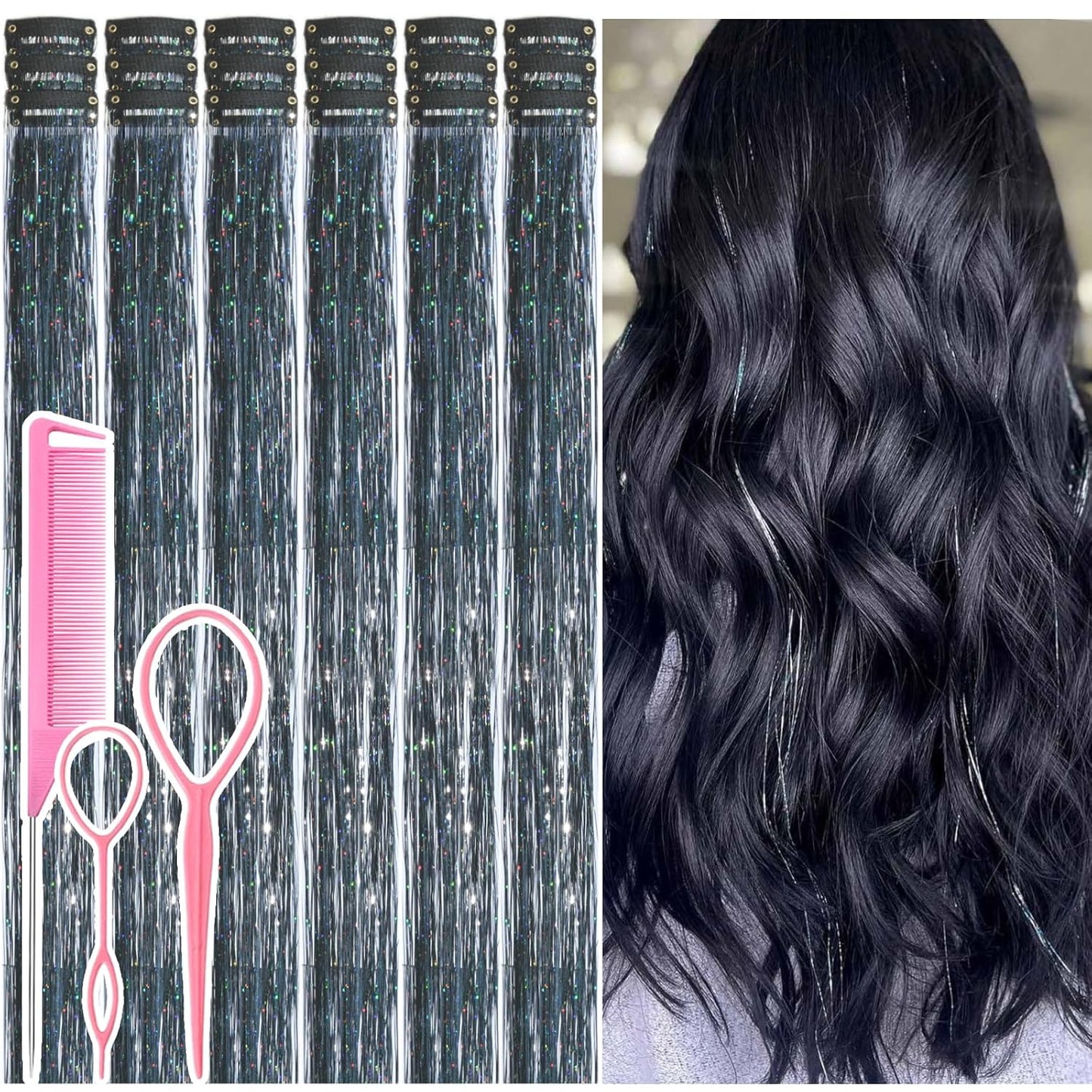 Hair Tinsel Kit - 12 Pcs Colorful Glitter Clip-In Extensions | 24 Inch for Girls, Women & Kids