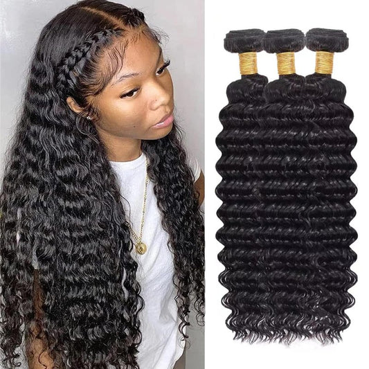 Human Hair Bundles Deep Wave Bundles Human Hair 14 16 18 Inch Brazilian Raw Curly Bundle Human Hair 3 Bundles for Black Women Wet and Wavy Weave Hair Extensions Natural Black