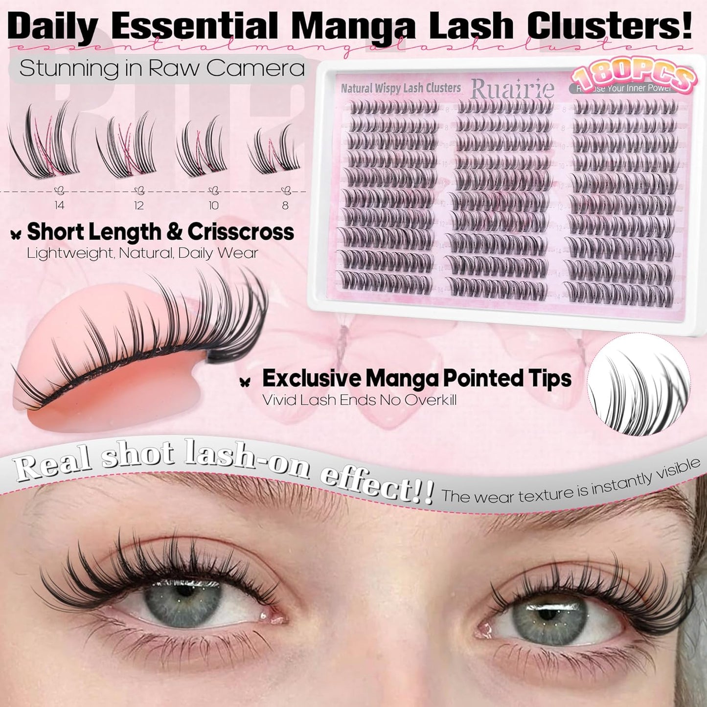Manga Lash Clusters - Natural Wispy Eyelash Extensions | C-Curl 8-14mm, 180pcs DIY Kit
