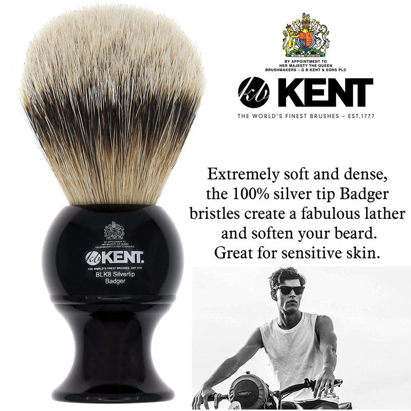 Kent BLK8 Shaving Brush with Soft Silvertip Badger Bristles and Black Resin Handle to use with Shave Cream or Soap for a Perfect Lather. Luxury Shaving Since 1777, Made in England
