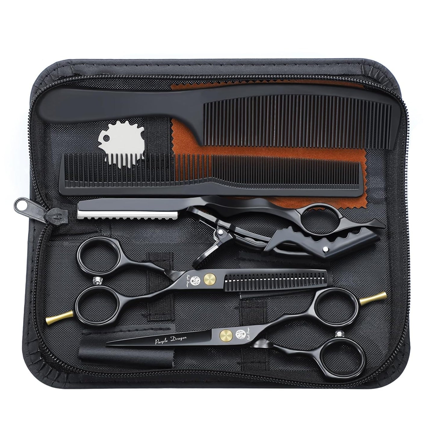 Purple Dragon Hair Cutting Scissors Set - 5.5 Inch Barber Shears with Razor & Leather Case | Thinning & Texturizing Tools for Professionals or Home Use